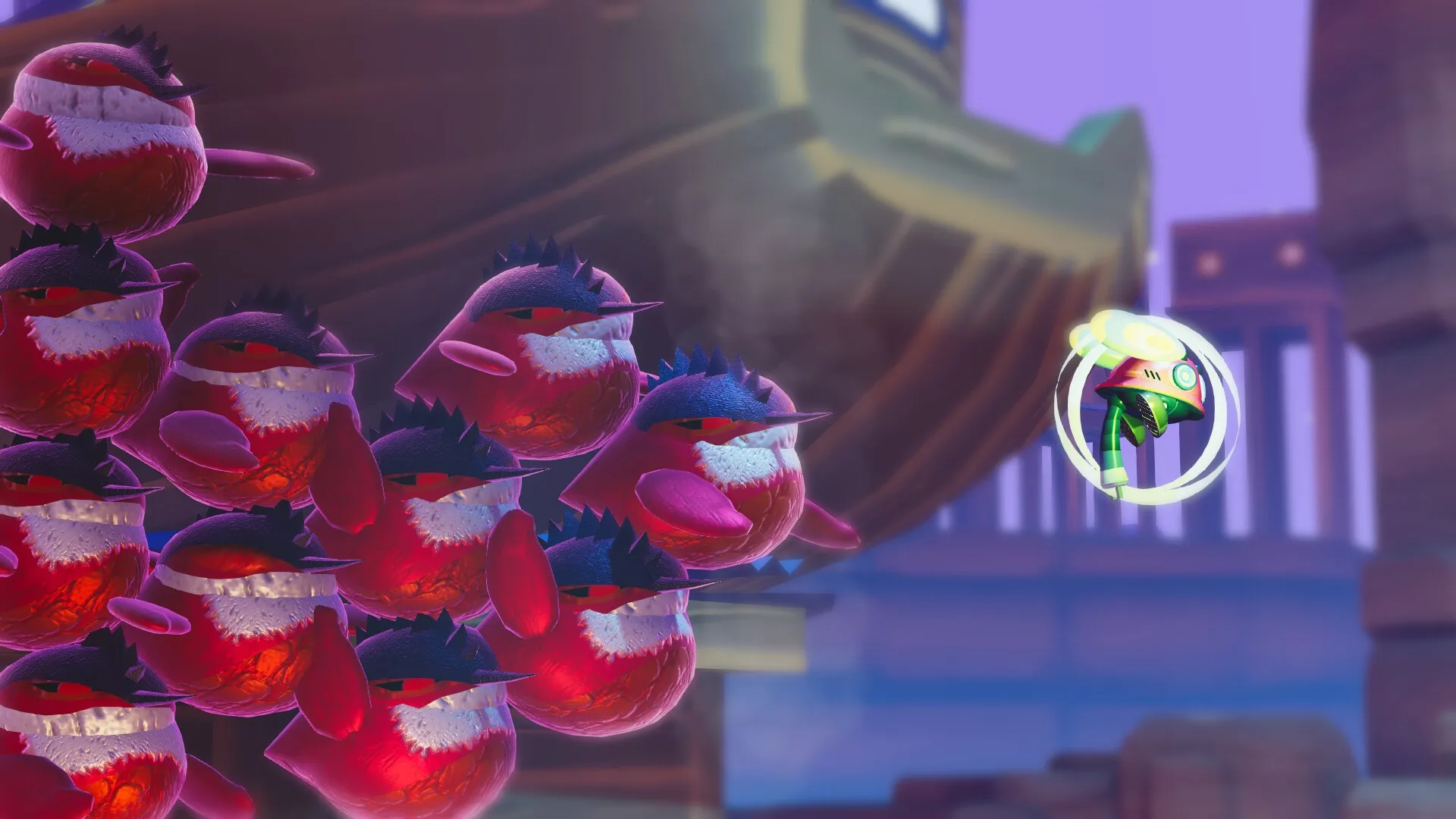 Fall Up: Labi jumping near a group of squishy creatures in a mechanical world setting