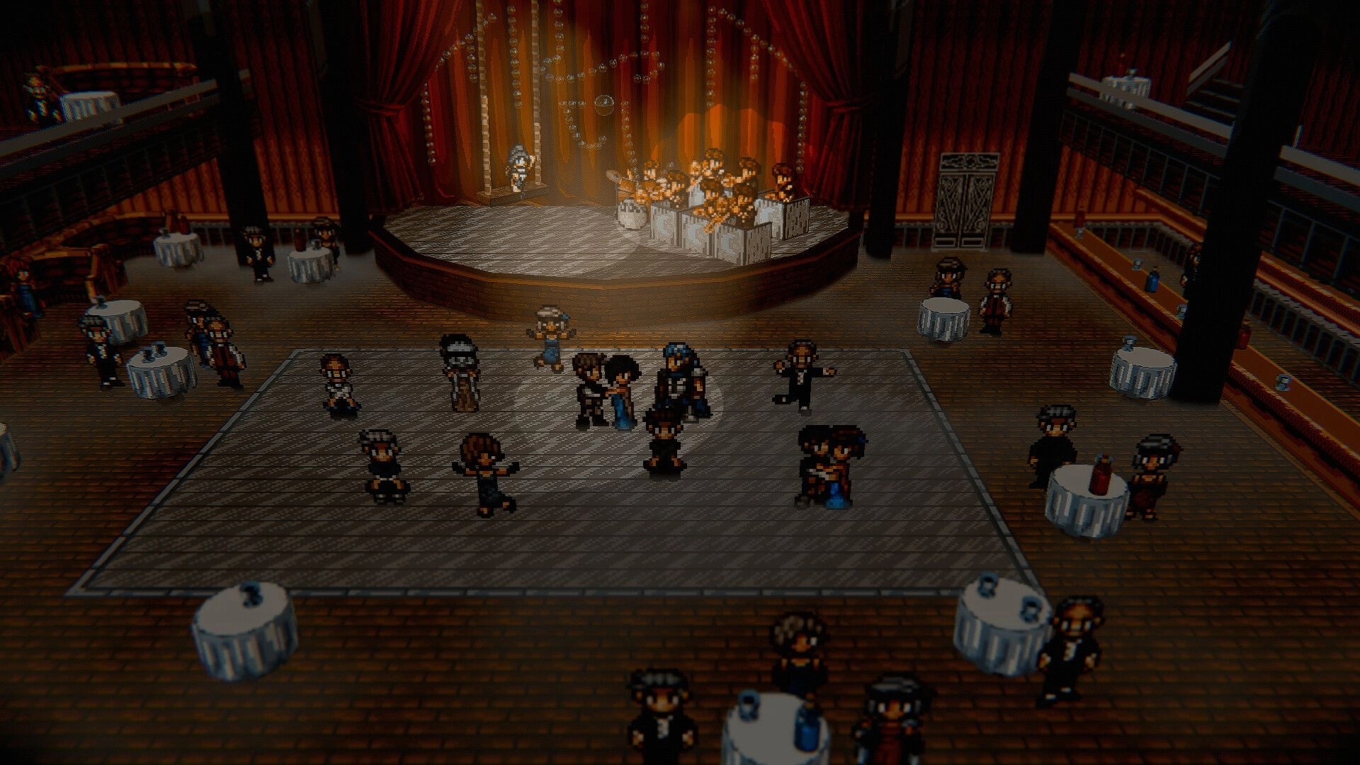Fallen Symphony: Pixel crowd dancing by round tables as a band plays on stage in a red-curtained hall.