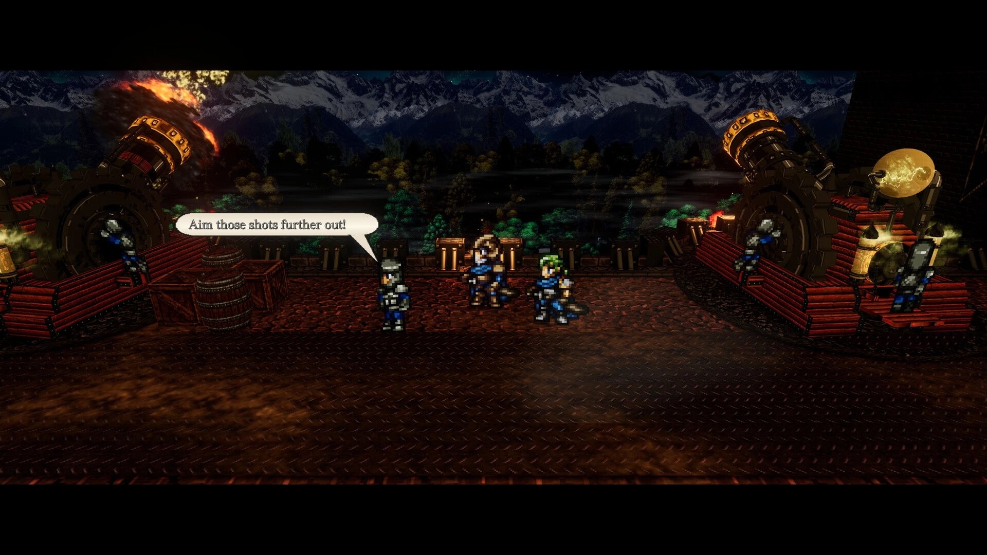 Fallen Symphony: Two pixel heroes by giant cannons, dialogue bubble on a night fortress deck.