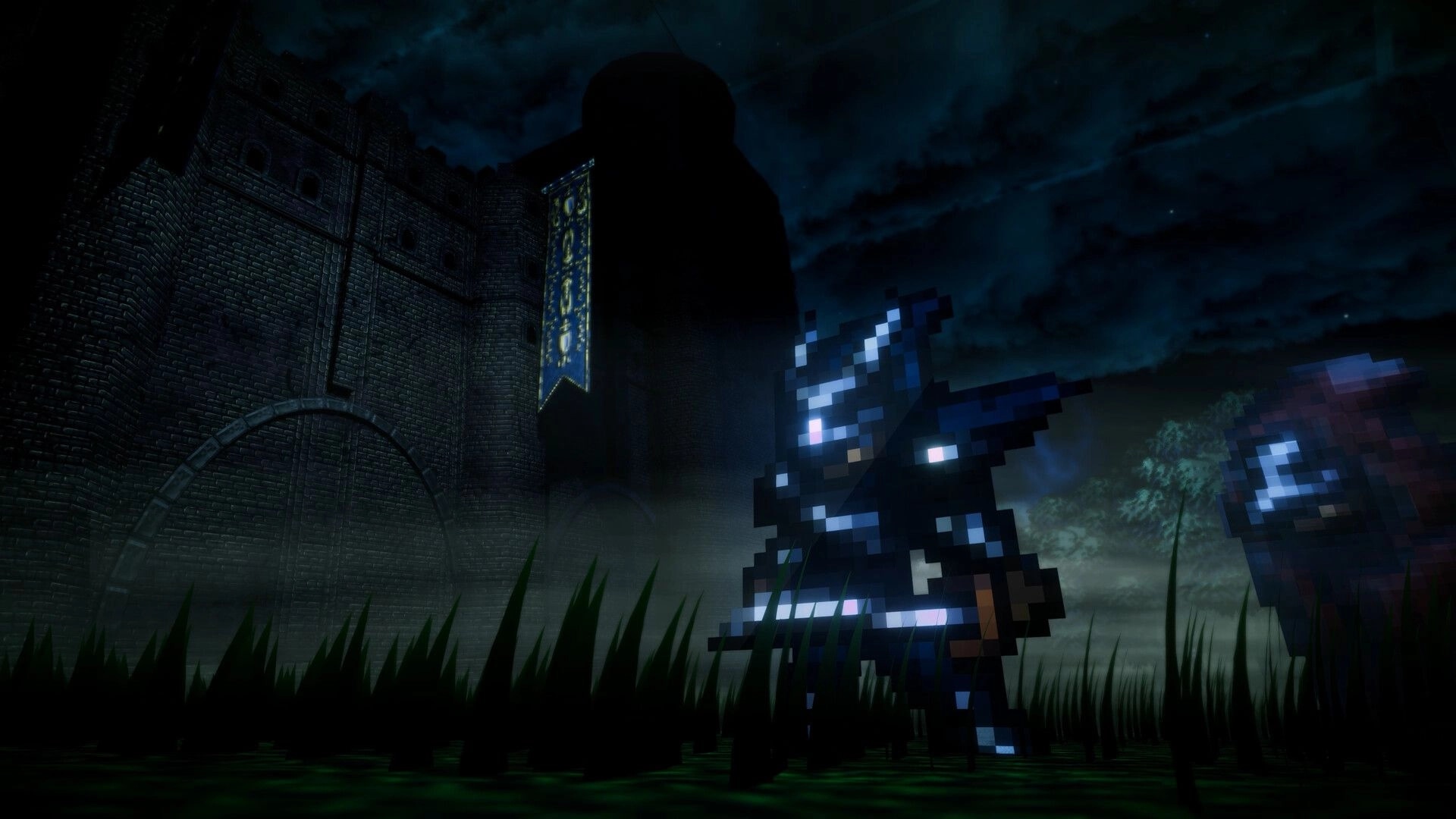 Fallen Symphony: Pixel knight with sword and shield in foggy grass outside a dark castle at night.
