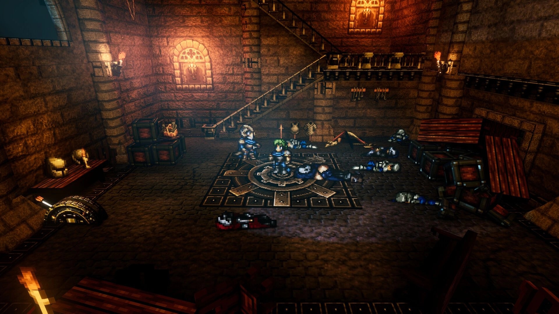 Fallen Symphony: Two armored heroes stand amid fallen foes in a torchlit stone dungeon room.