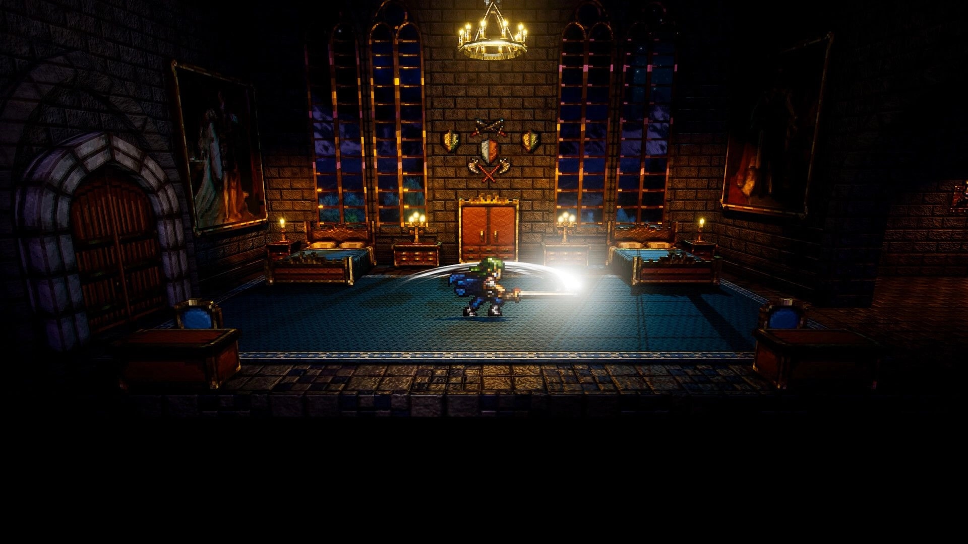 Fallen Symphony: Hero swings sword in a candlelit castle bedroom with beds, windows, and crest wall.