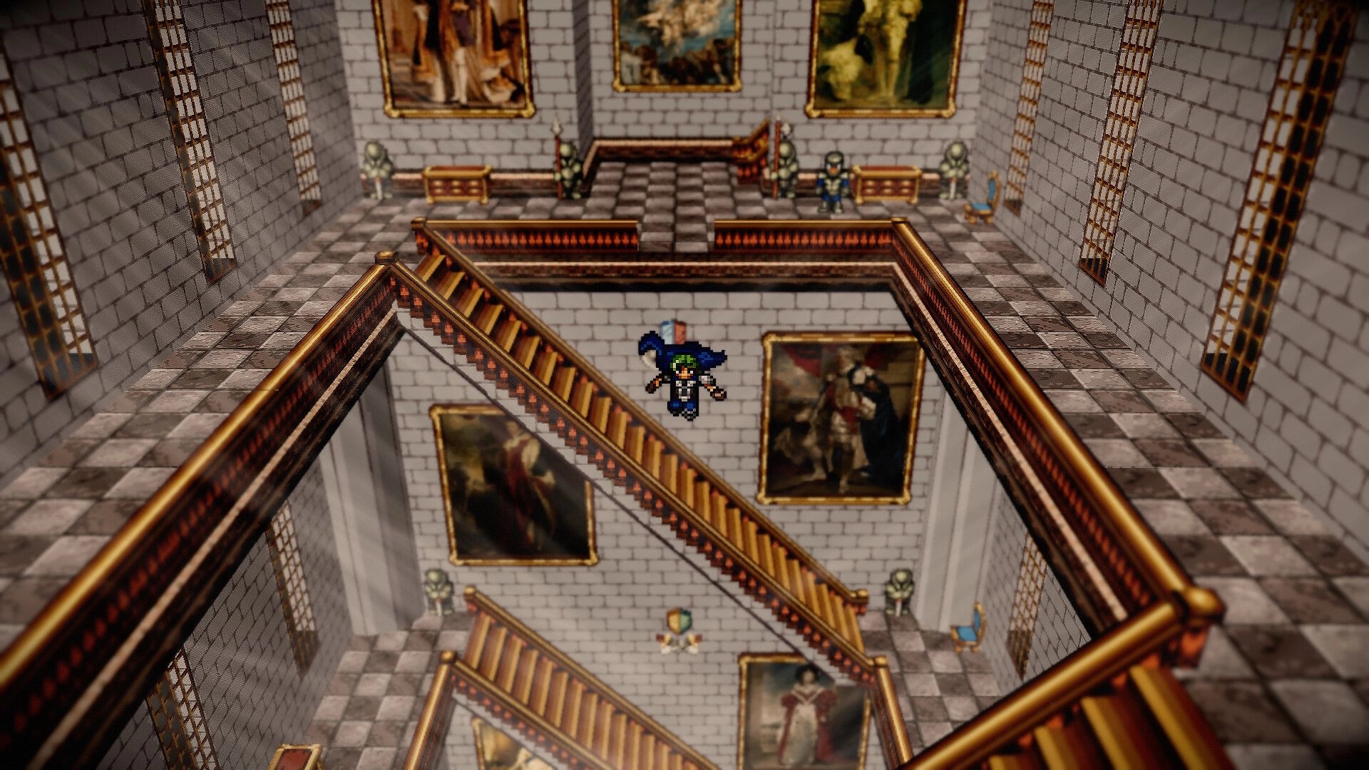 Fallen Symphony: Green-haired hero stands on castle stairs amid paintings, guards, and tiled halls.