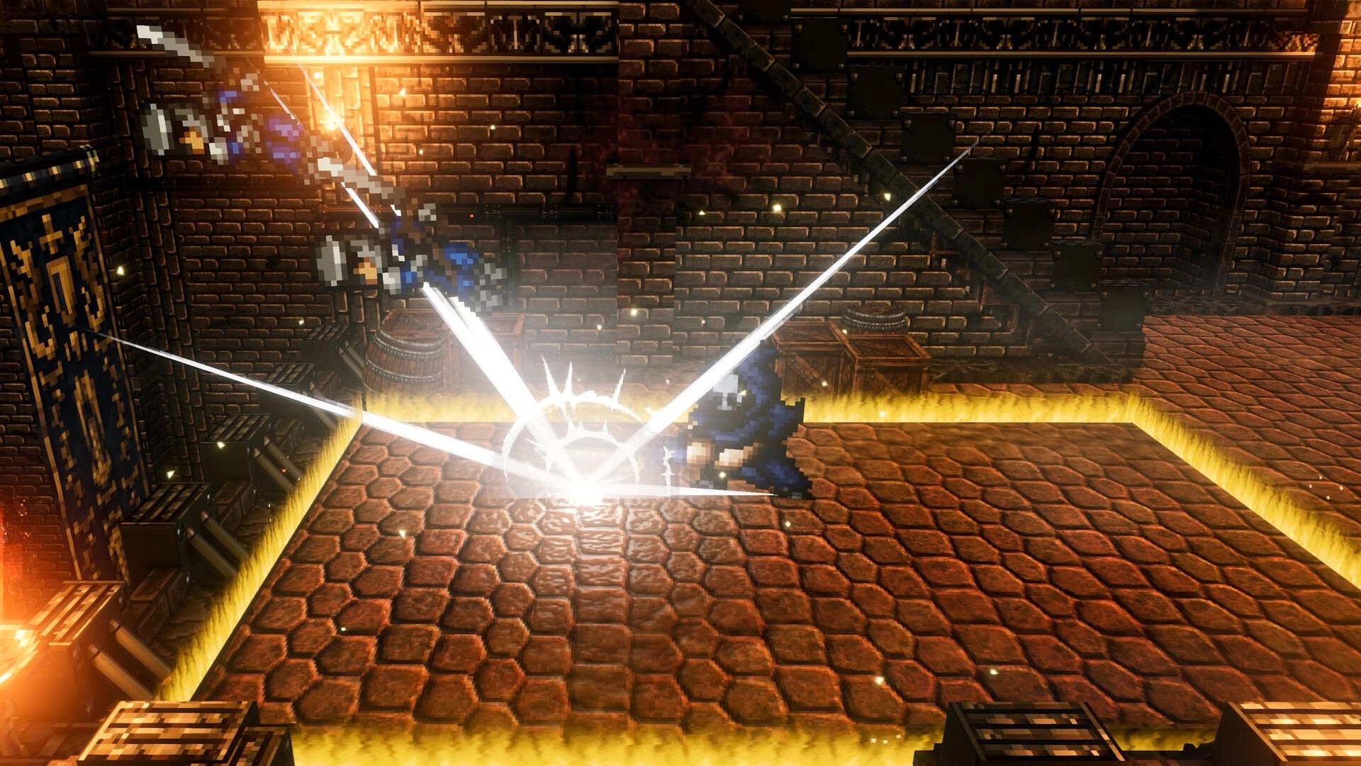 Fallen Symphony: Pixel hero slams down with bright impact burst in a brick dungeon arena above lava.