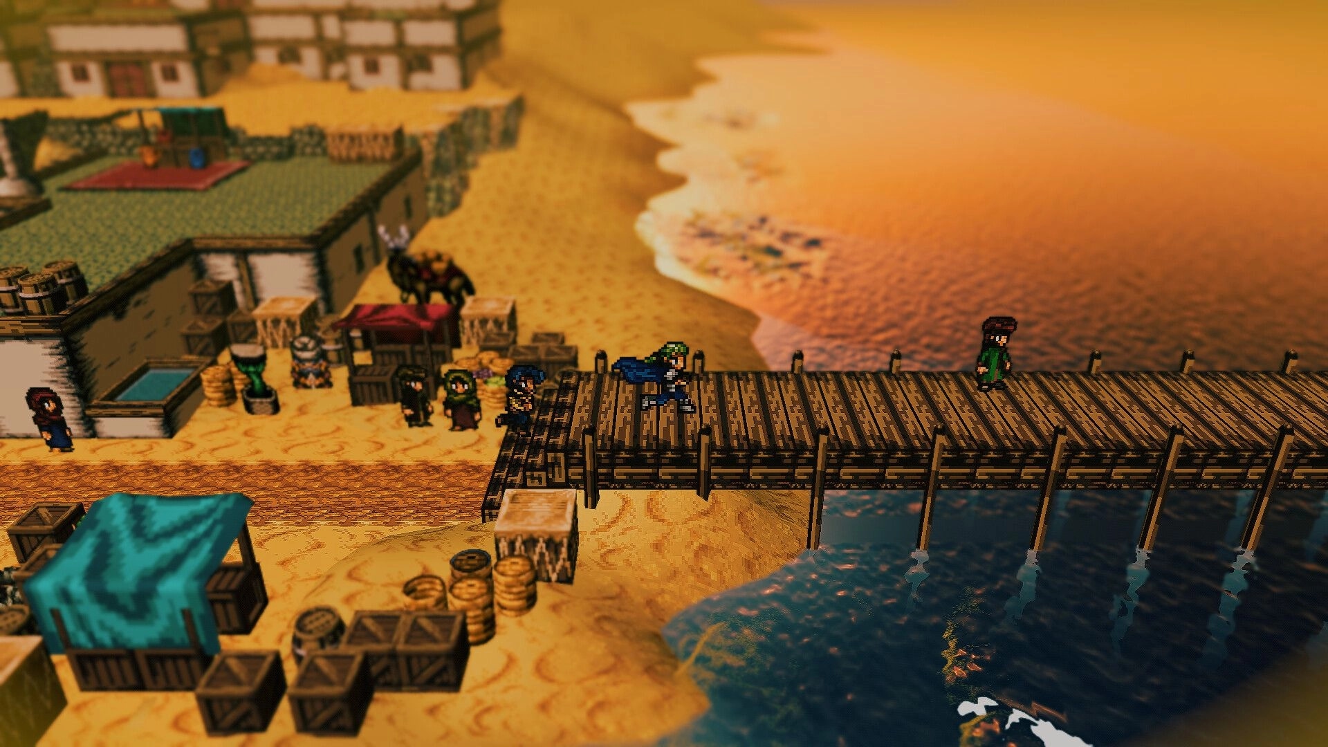 Fallen Symphony: Party approaches NPC on wooden pier beside seaside village with crates and sand shore.