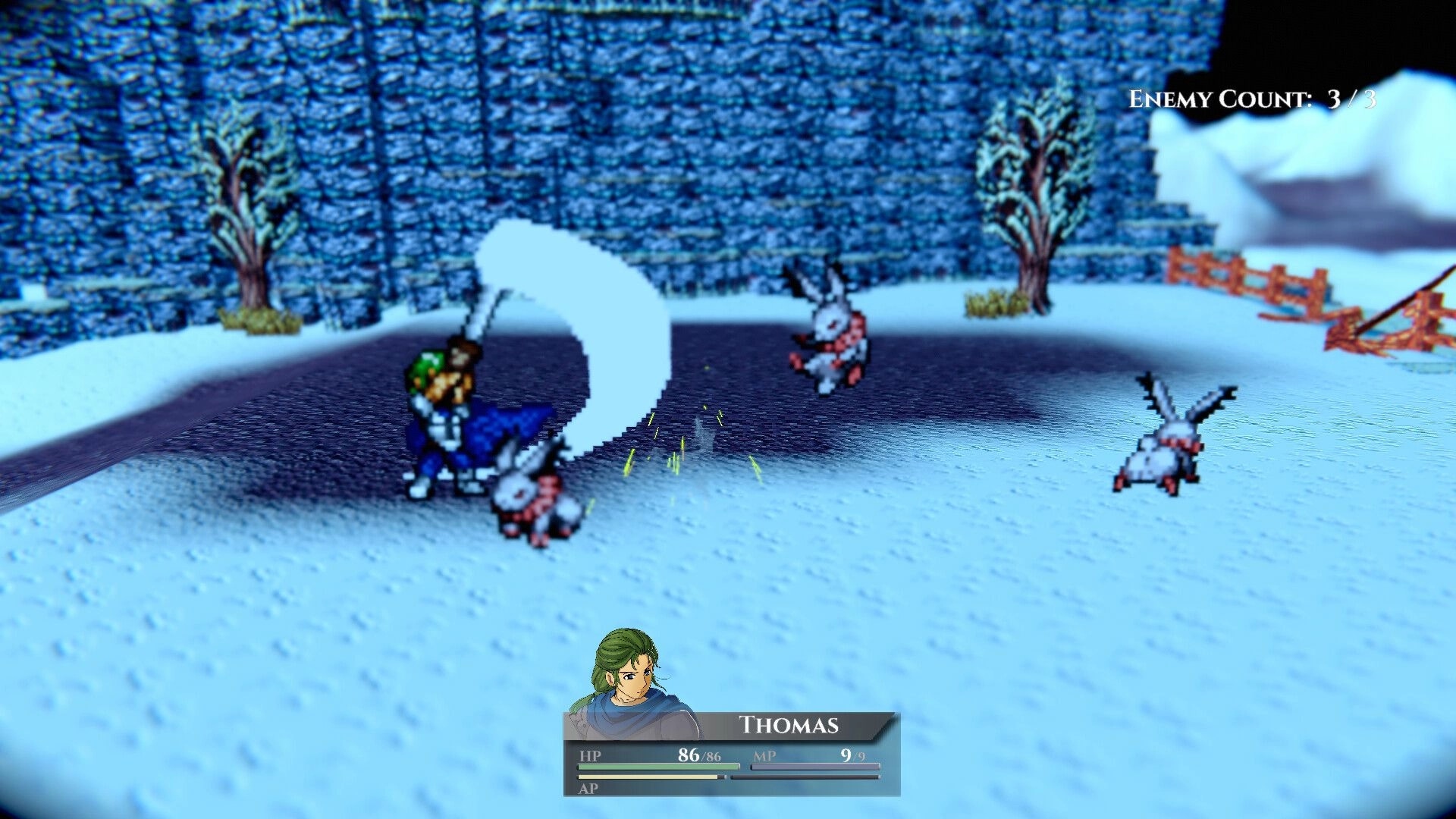 Fallen Symphony: Thomas slashes a rabbit foe in snowy arena, HUD shows Enemy Count 3/3 and HP/MP bars.