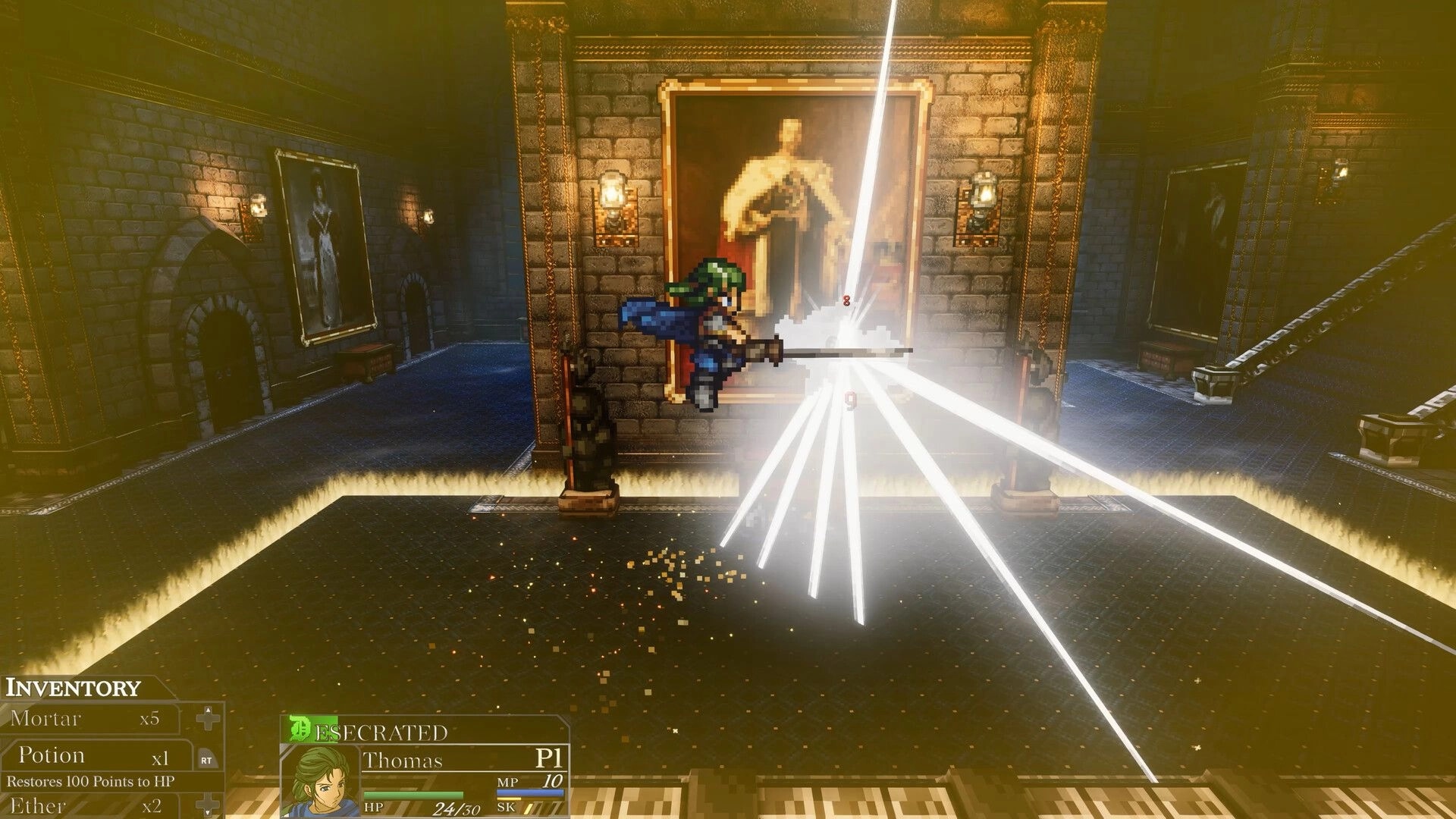 Fallen Symphony: Thomas attacks with a spear as light beams burst in a castle hall with inventory UI.