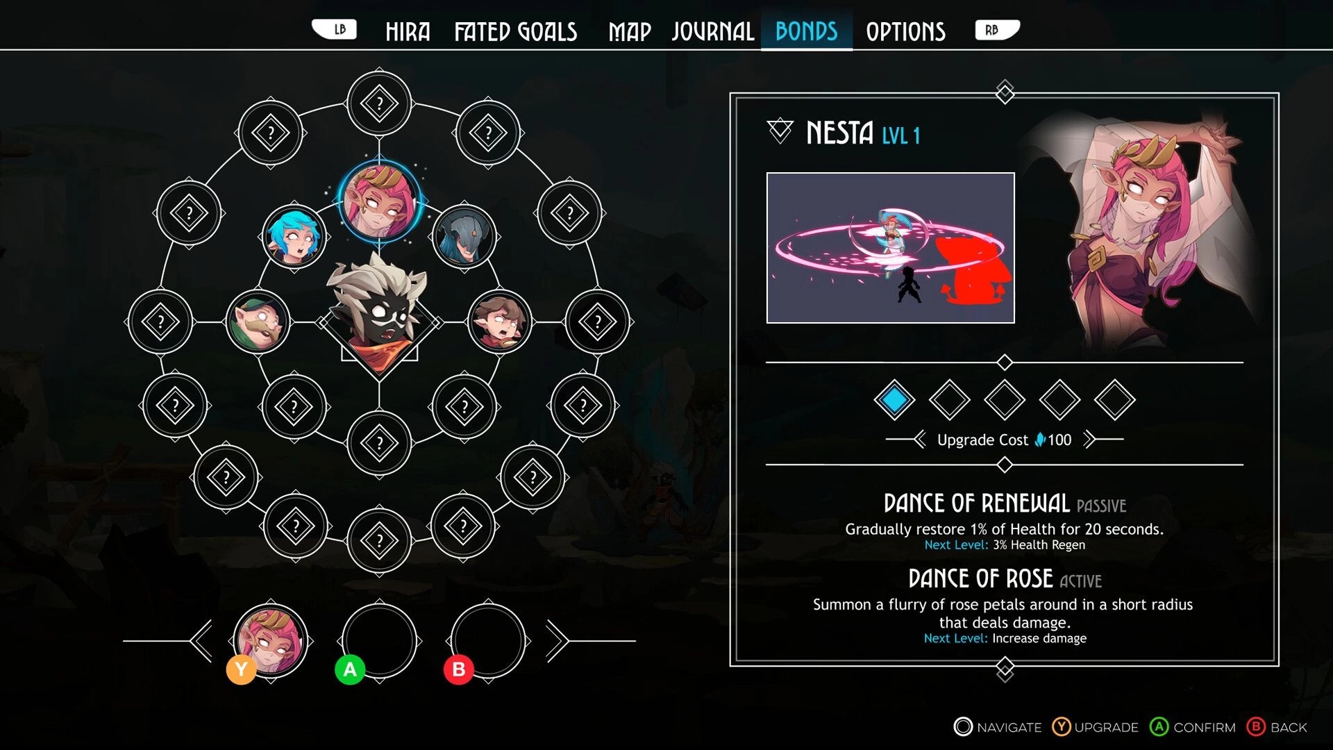Fallen Tear: Character bond skill tree with Nesta's abilities and upgrade options displayed