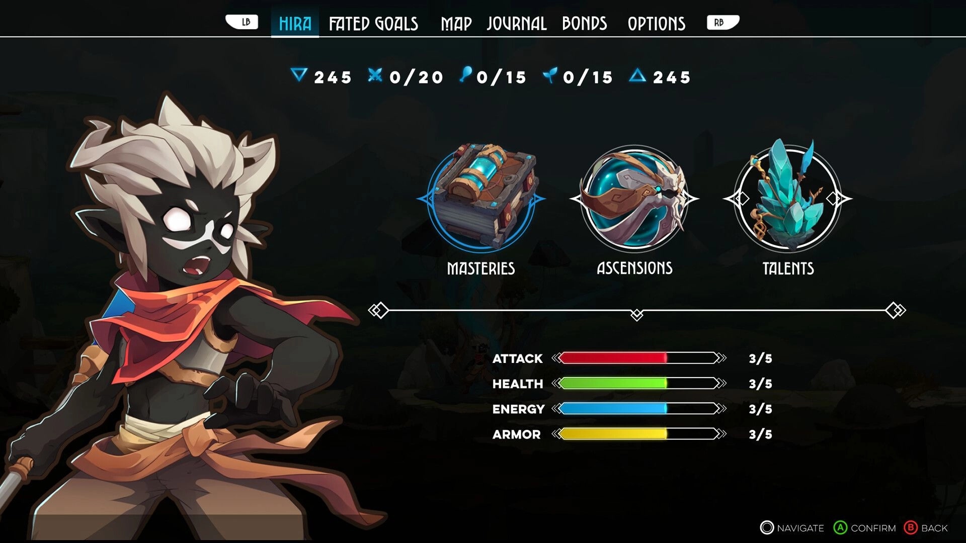 Fallen Tear: Character Hira's stats and mastery options displayed in the menu interface