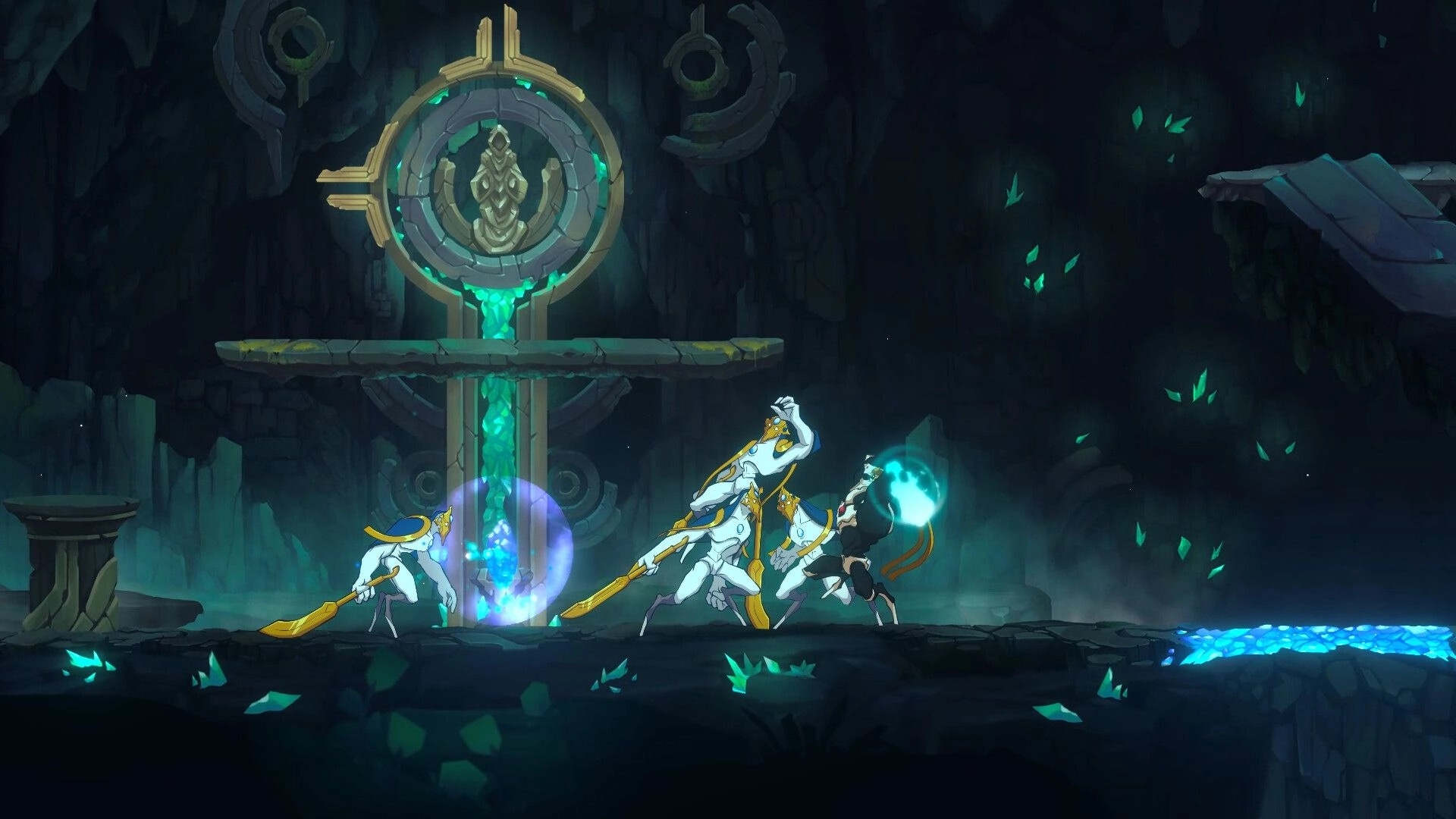 Fallen Tear: Characters in battle stance near ancient portal in a dimly lit cave with glowing crystals