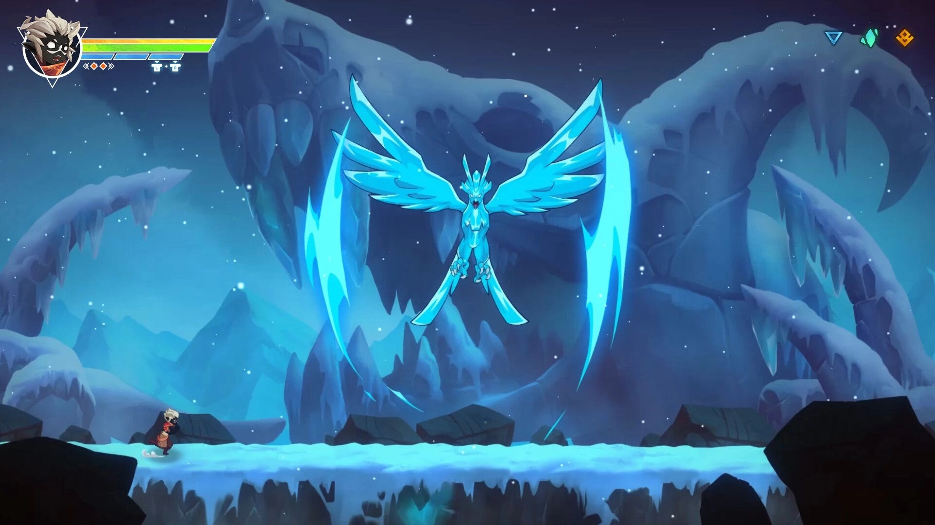 Fallen Tear: Character faces icy dragon in snowy mountain cave, health bar displayed at top left.