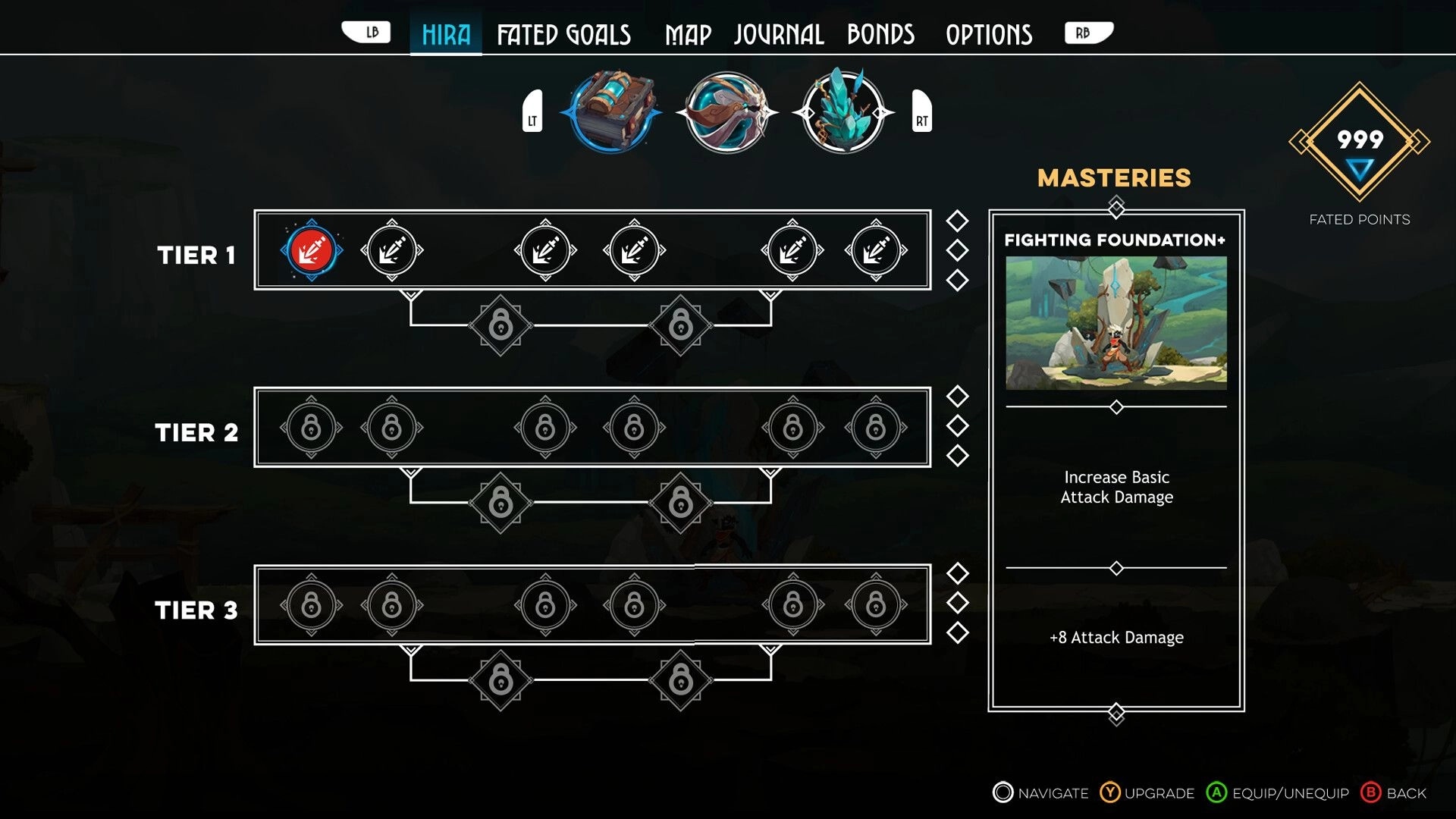 Fallen Tear: Skill tree interface with masteries, tier options, and 999 fated points in menu setting.