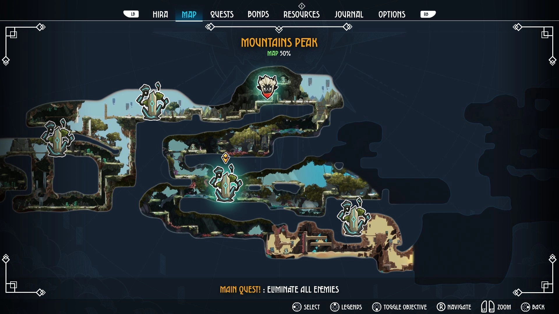 Fallen Tear: Map interface showing Mountains Peak area with quest to eliminate all enemies highlighted