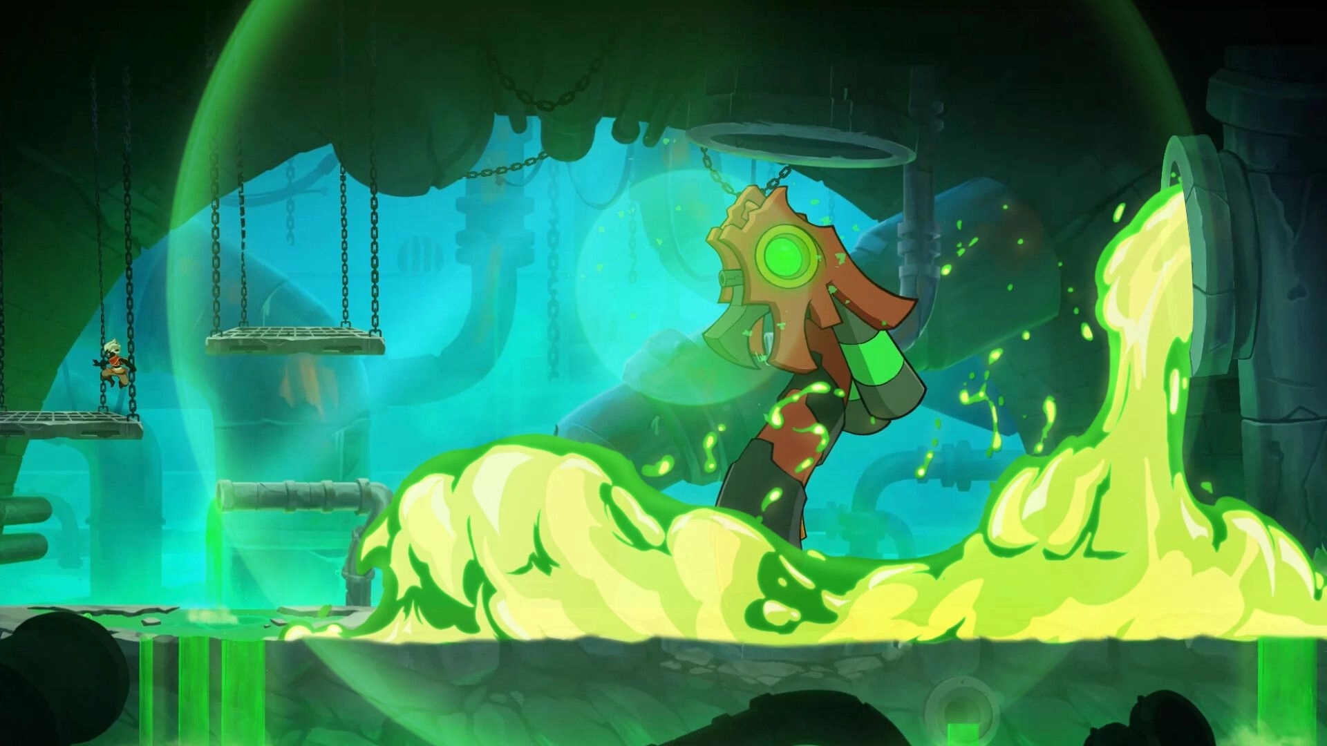 Fallen Tear: Character on platform in sewer battling large monster with glowing green ooze