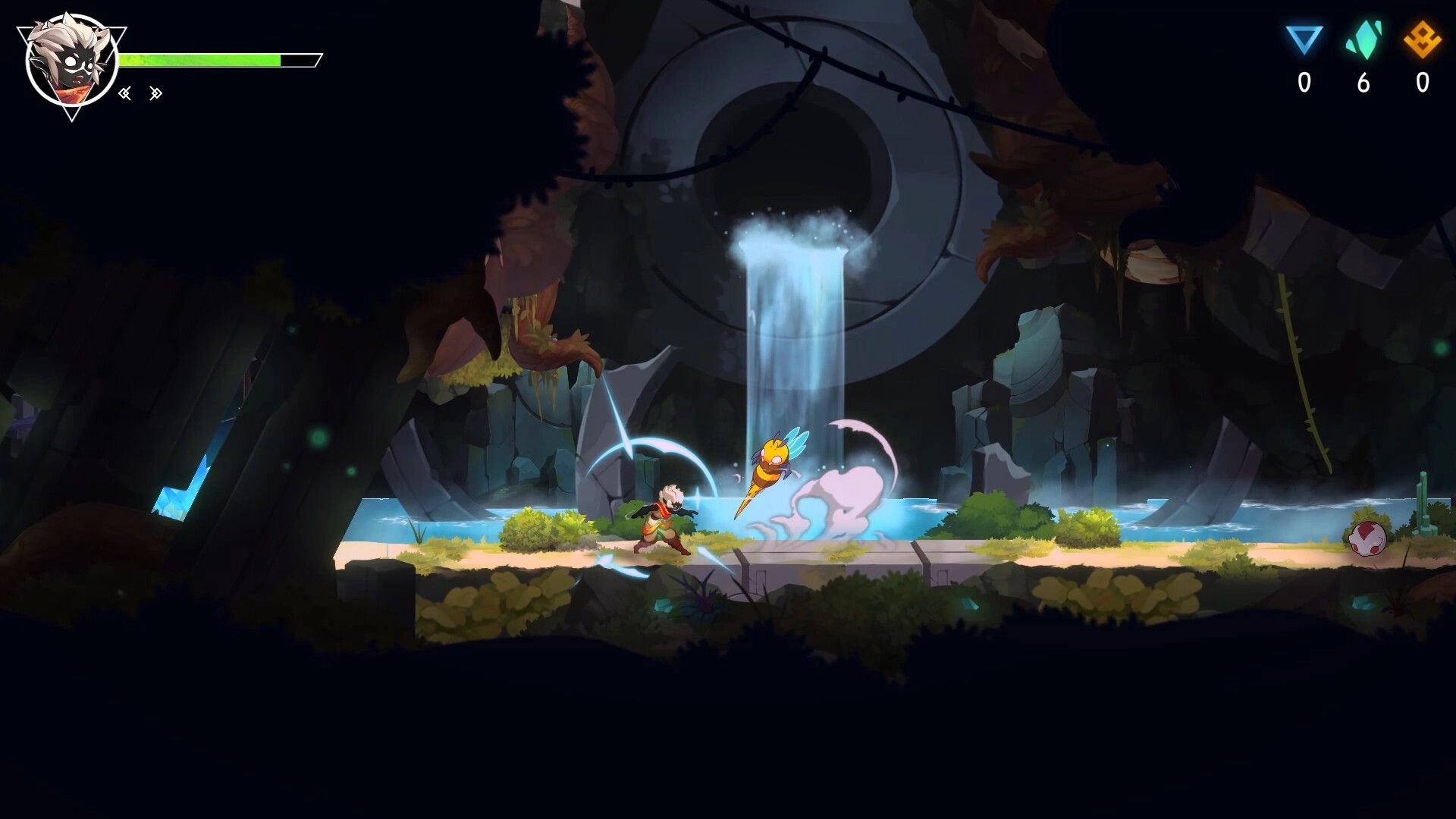 Fallen Tear: Character battles a bee-like enemy near a waterfall in an ancient cave environment.