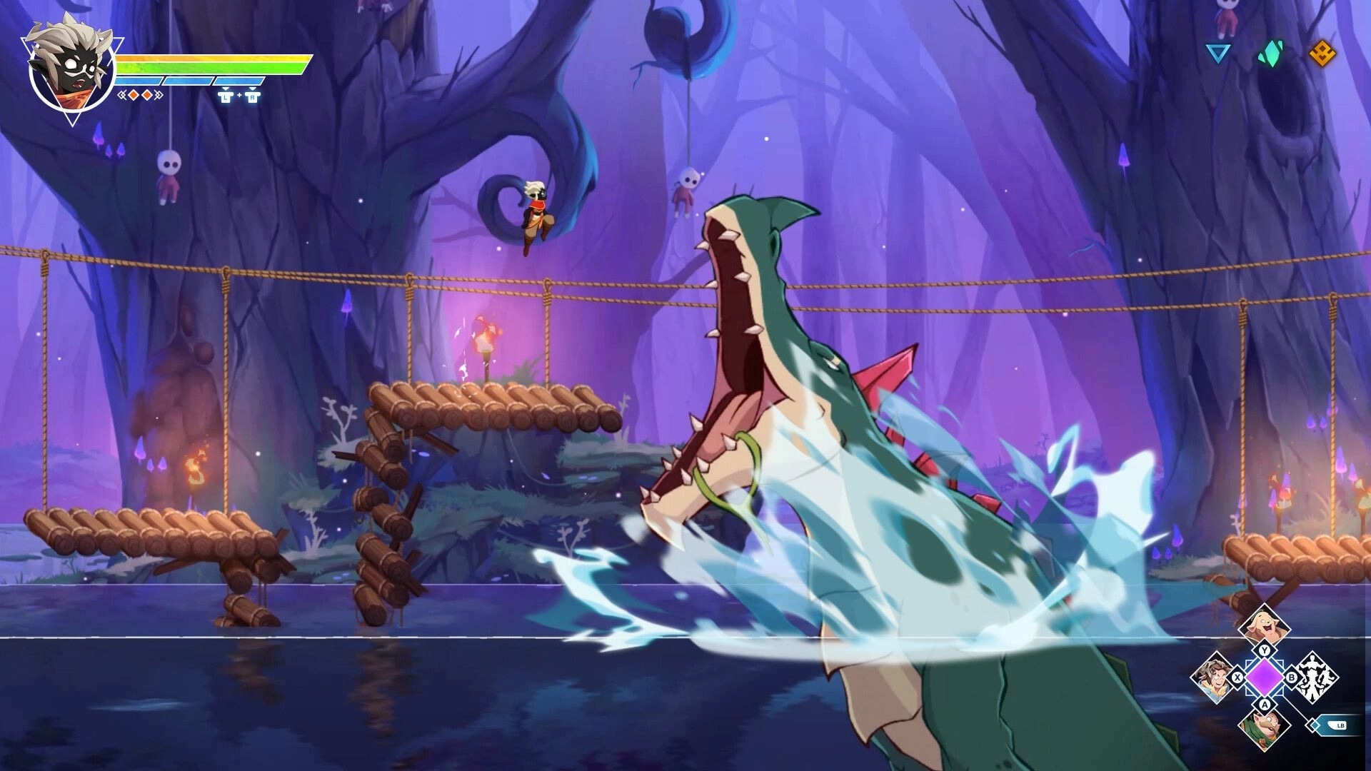 Fallen Tear: Character leaps over giant monster in mystical forest with UI health and ability bars visible.