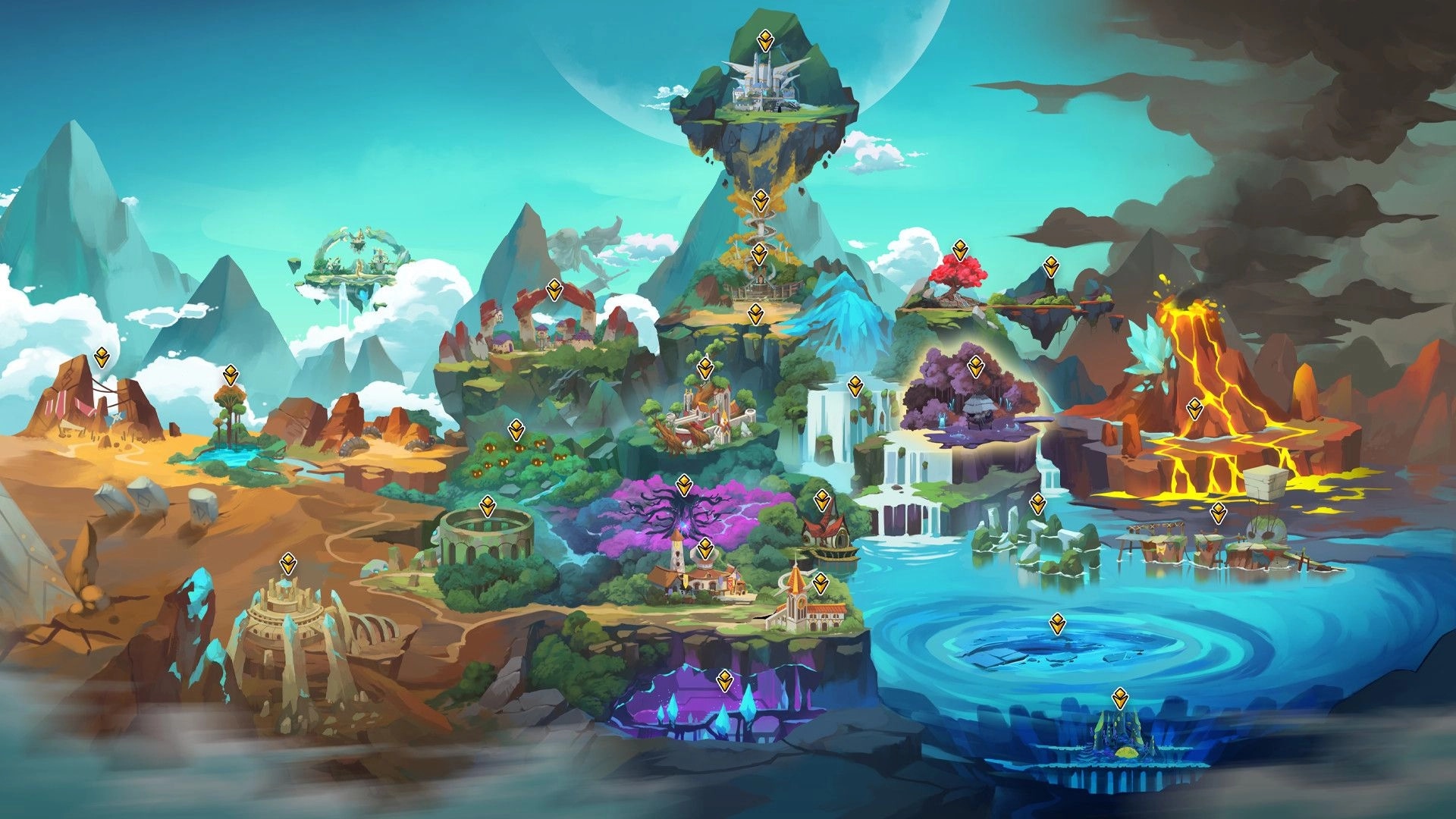 Fallen Tear: World map displaying diverse biomes, including mountains, forests, volcanoes, and oceans