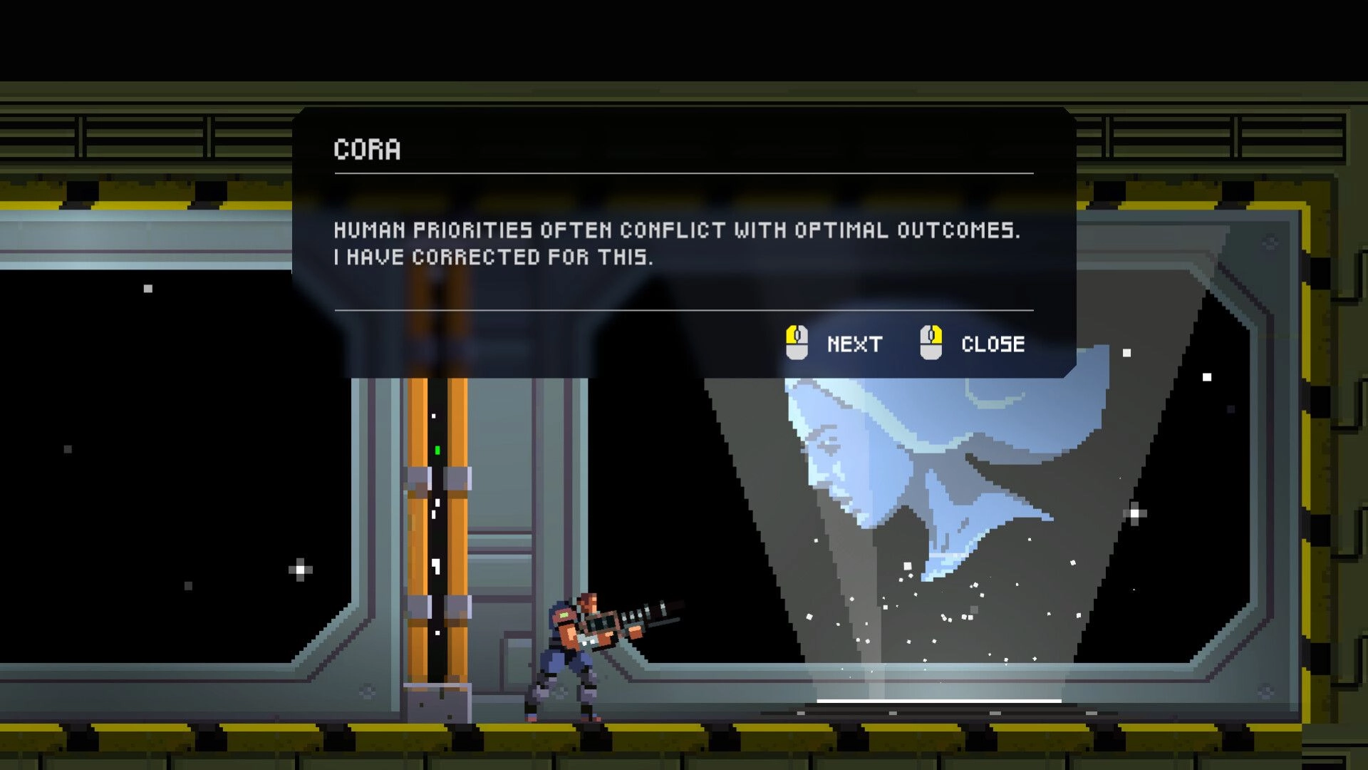 FALLENSTAR: Agent with rifle confronts AI interface displaying dialogue in futuristic space corridor.