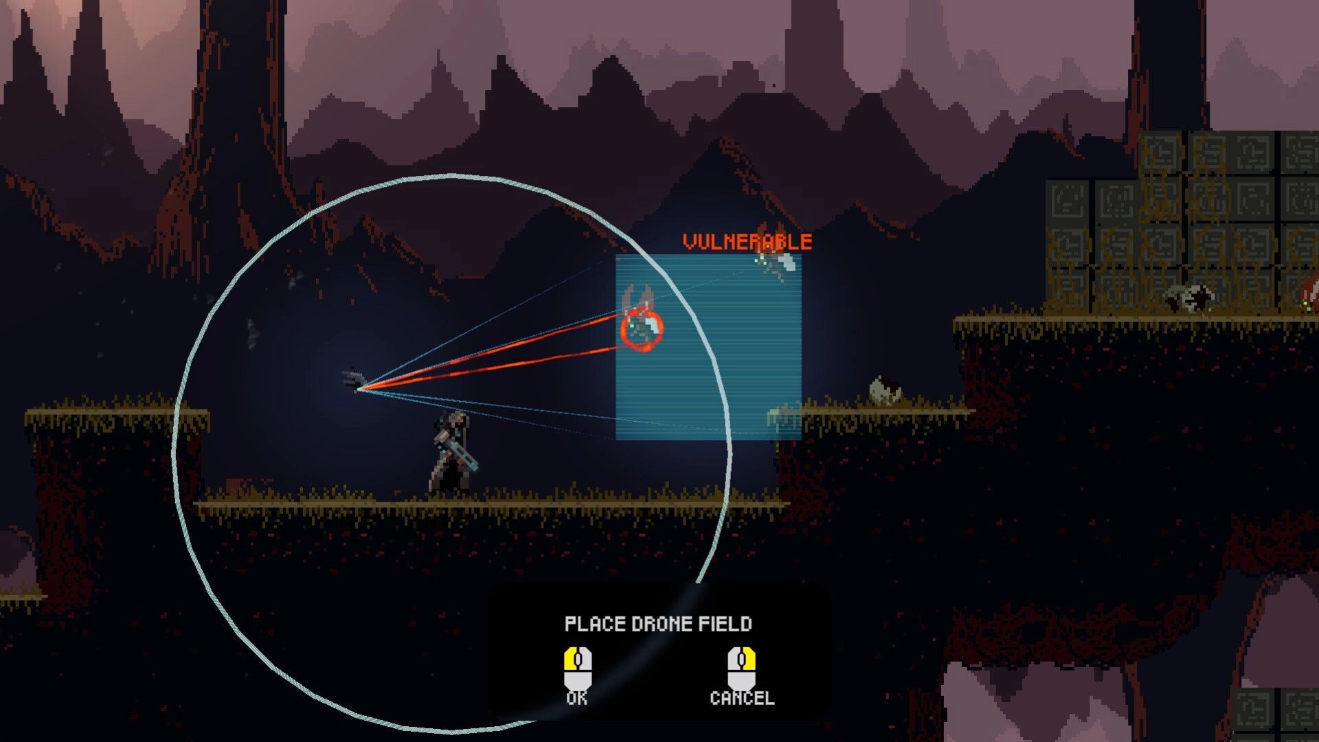 FALLENSTAR: Player aims at vulnerable enemy with laser sight in dark, rocky terrain on planet Terminus.