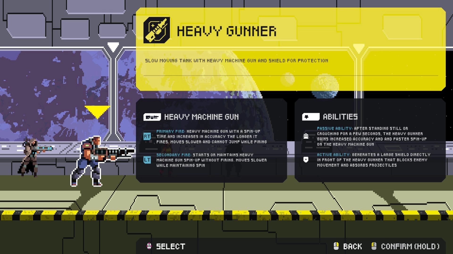 FALLENSTAR: Heavy Gunner character selection with weapon abilities and stats displayed in space station setting