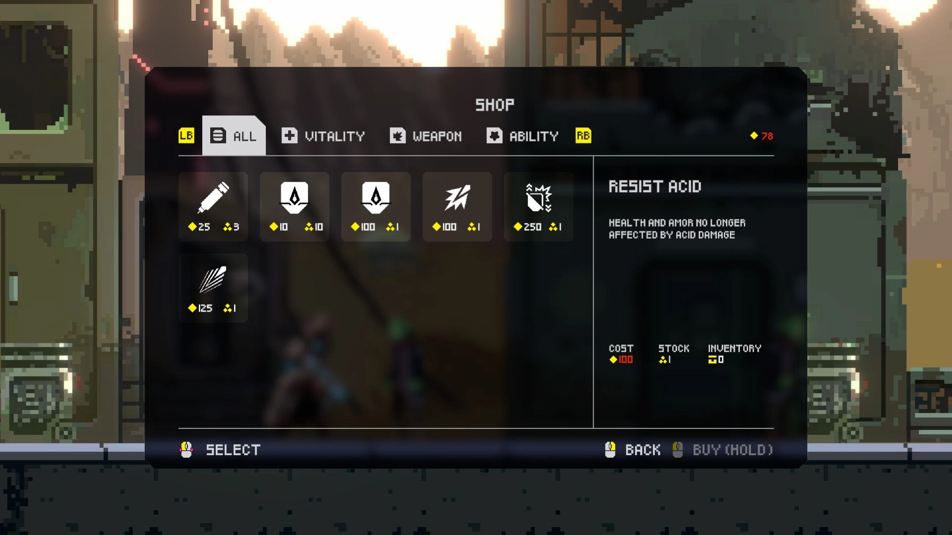 FALLENSTAR: Shop interface displaying various items and abilities available for purchase on Terminus.