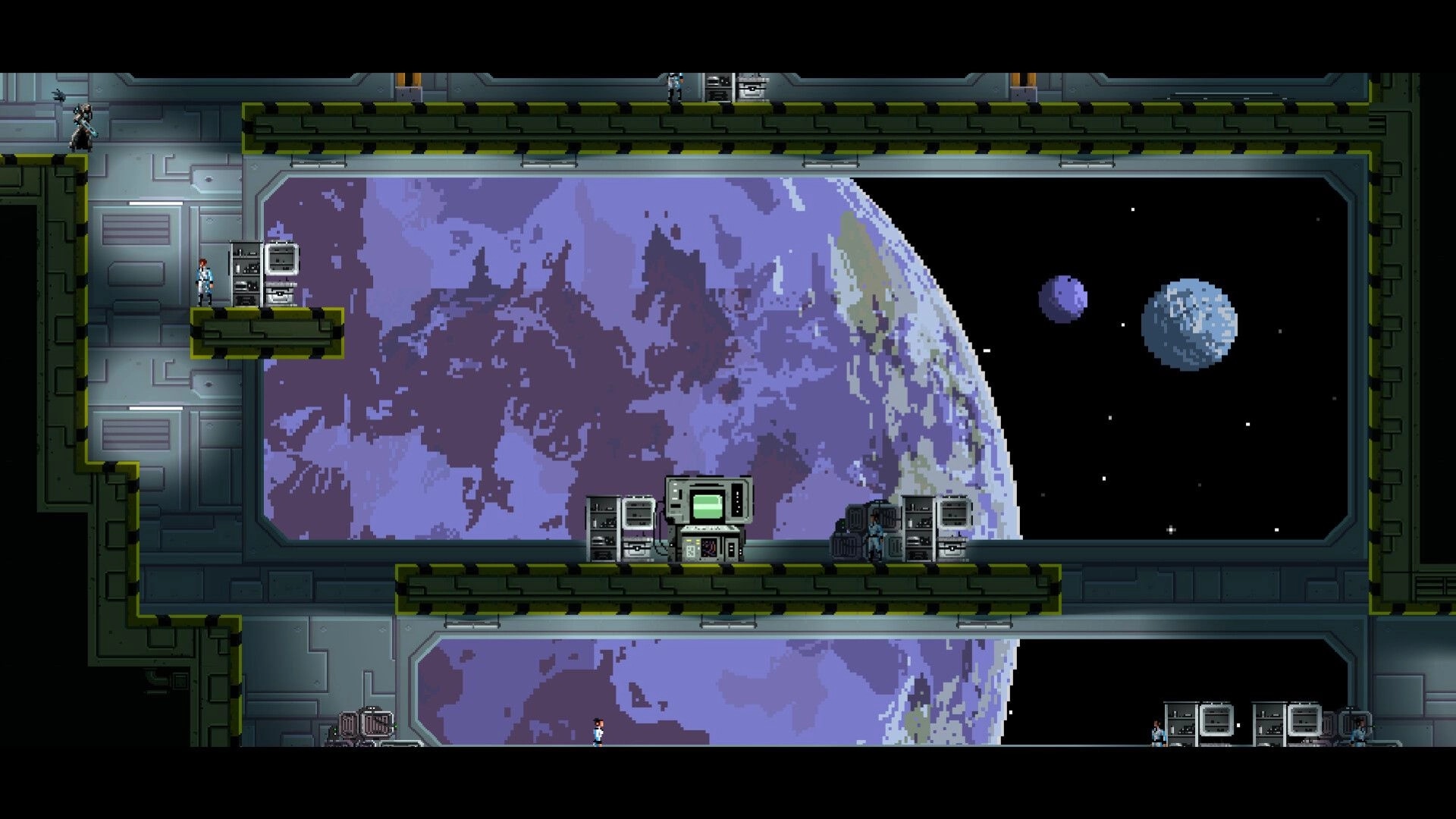 FALLENSTAR: Two characters exploring a space station with a large view of a purple planet and moons.