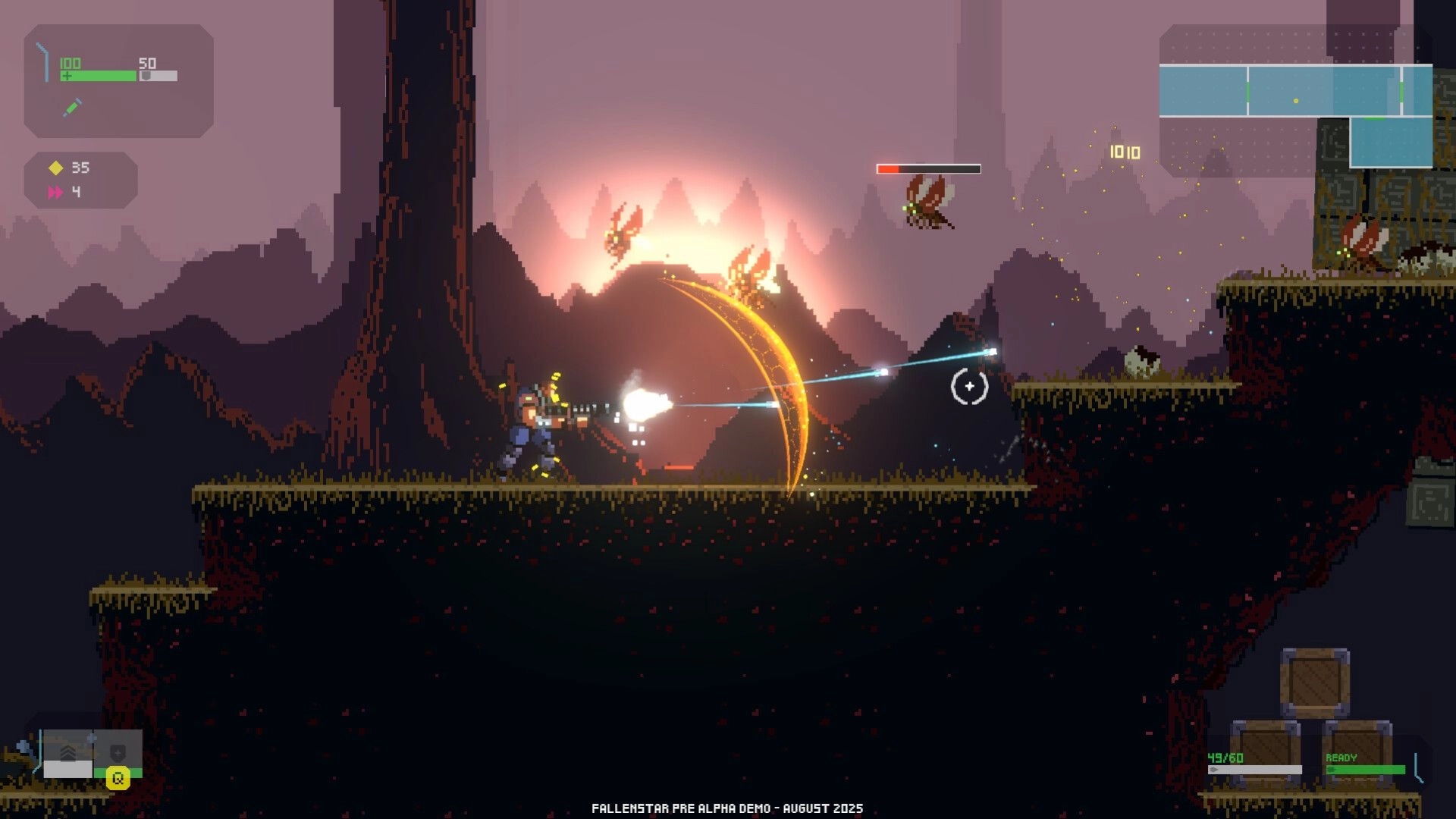 FALLENSTAR: Player shooting at flying enemies with energy weapon in a dark, mountainous landscape.