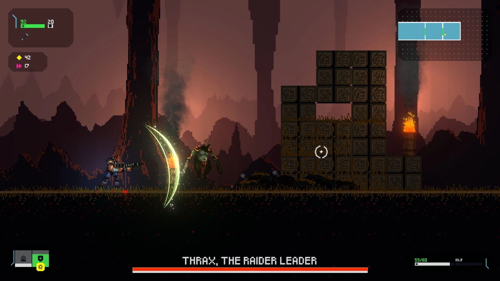 FALLENSTAR: Player battles Thrax, the raider leader, in a pixelated landscape with UI health bars visible.