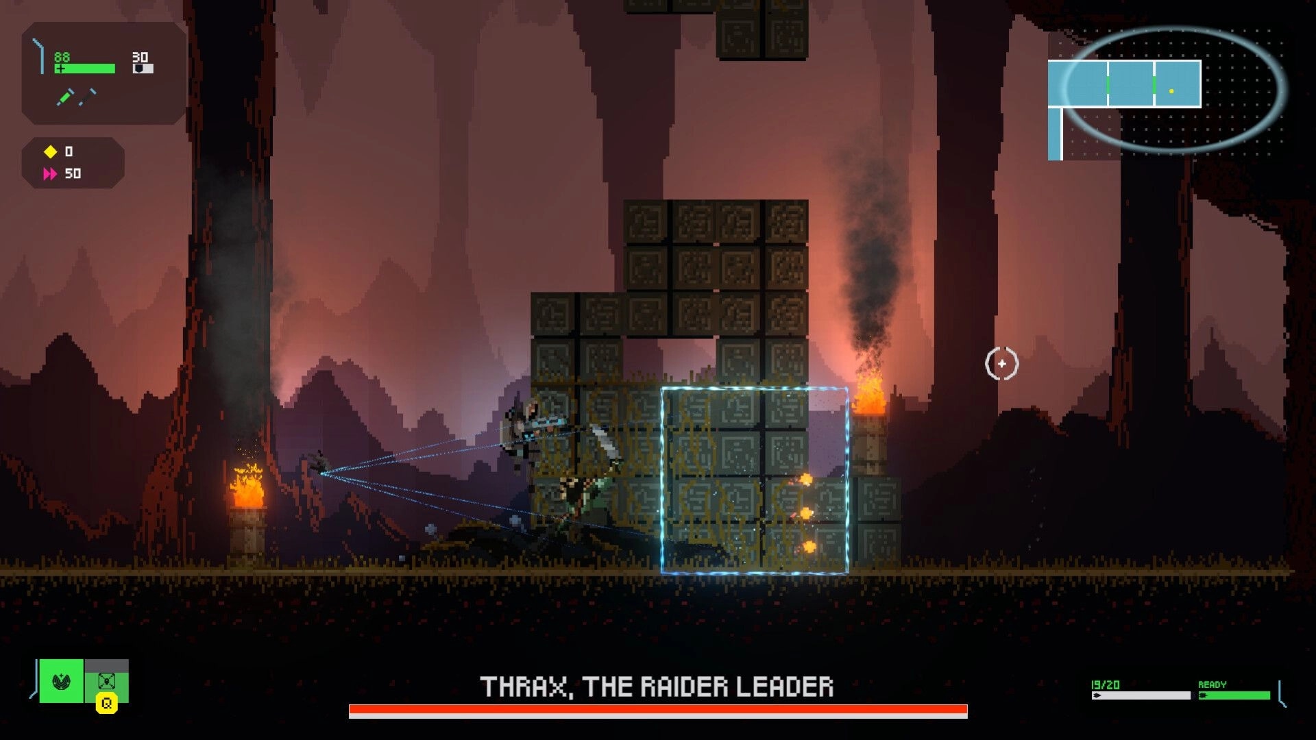 FALLENSTAR: Combat with Thrax, the Raider Leader in a fiery cavern with health and map UI visible