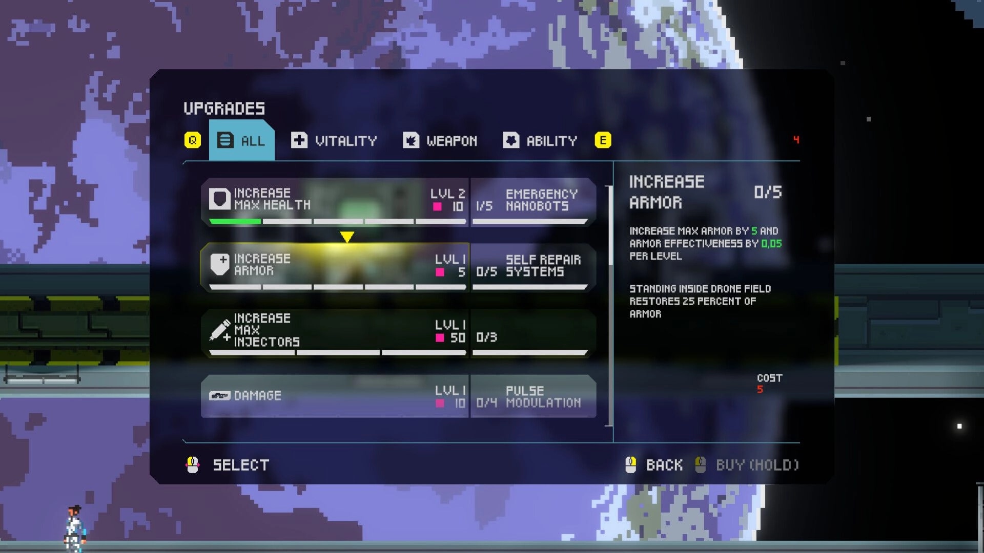 FALLENSTAR: Upgrade menu with options for health, armor, and injectors in a space-themed interface.