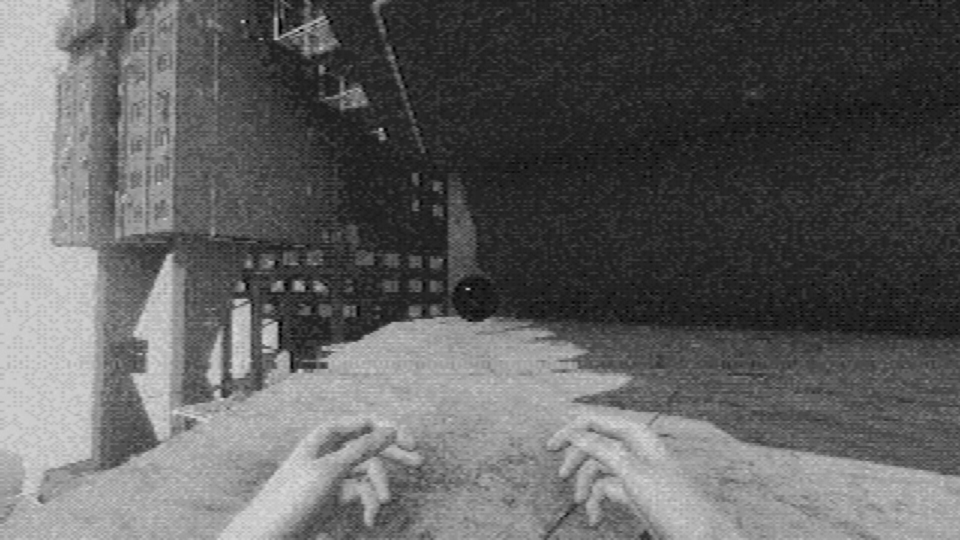 Fallgrade: First-person view of hands on a ledge, looking down a grainy concrete city void.