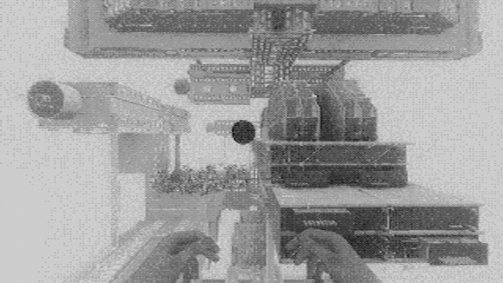 Fallgrade: First-person view with hands raised toward a black orb in a brutalist concrete maze.
