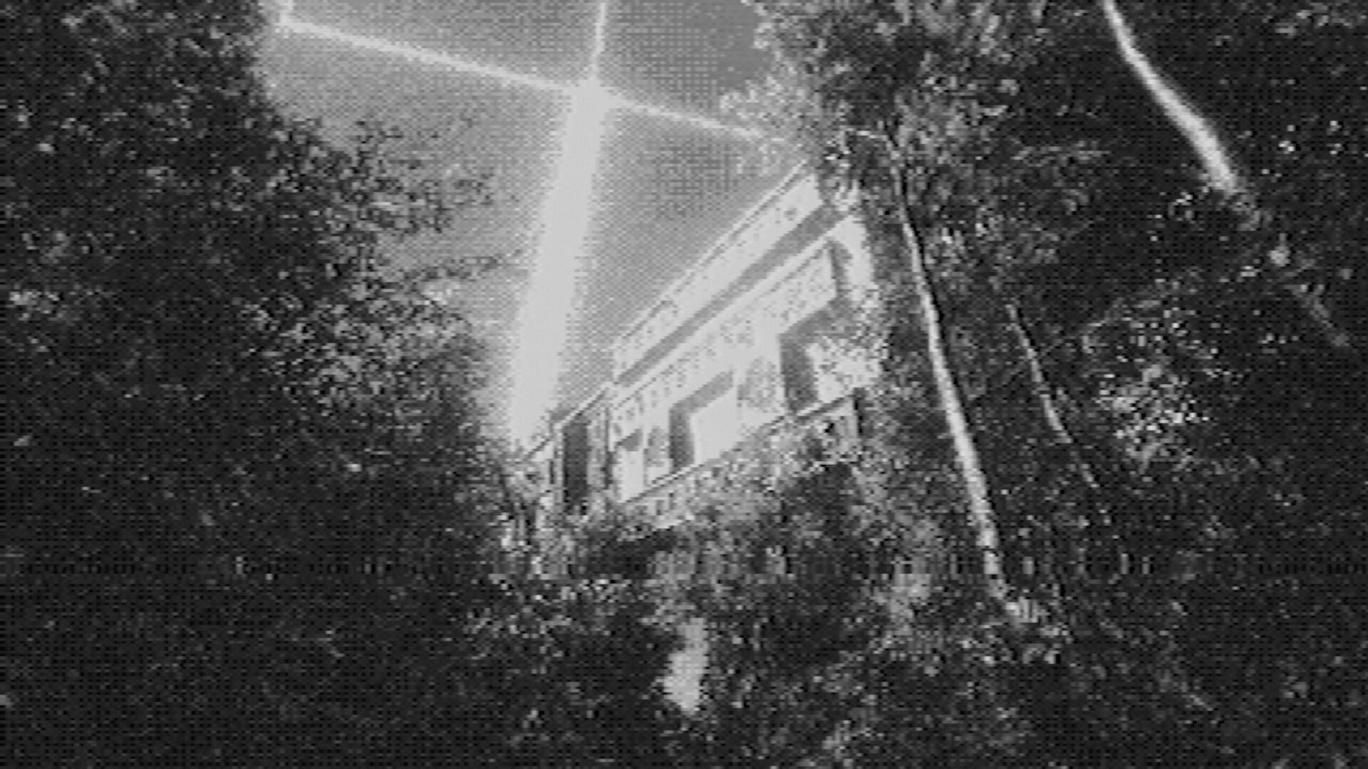 Fallgrade: Grainy first-person view of a concrete building and trees under a glaring streetlight at night.