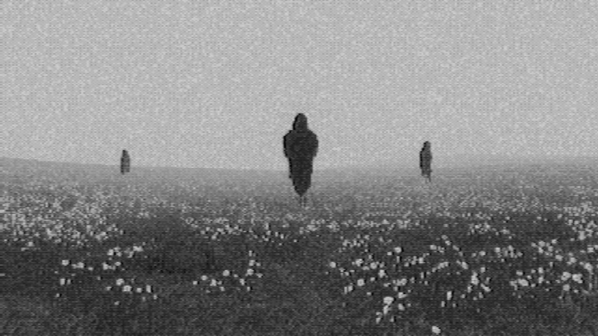 Fallgrade: Shadowy humanoid figures stand in a foggy field of white flowers under grainy static sky.