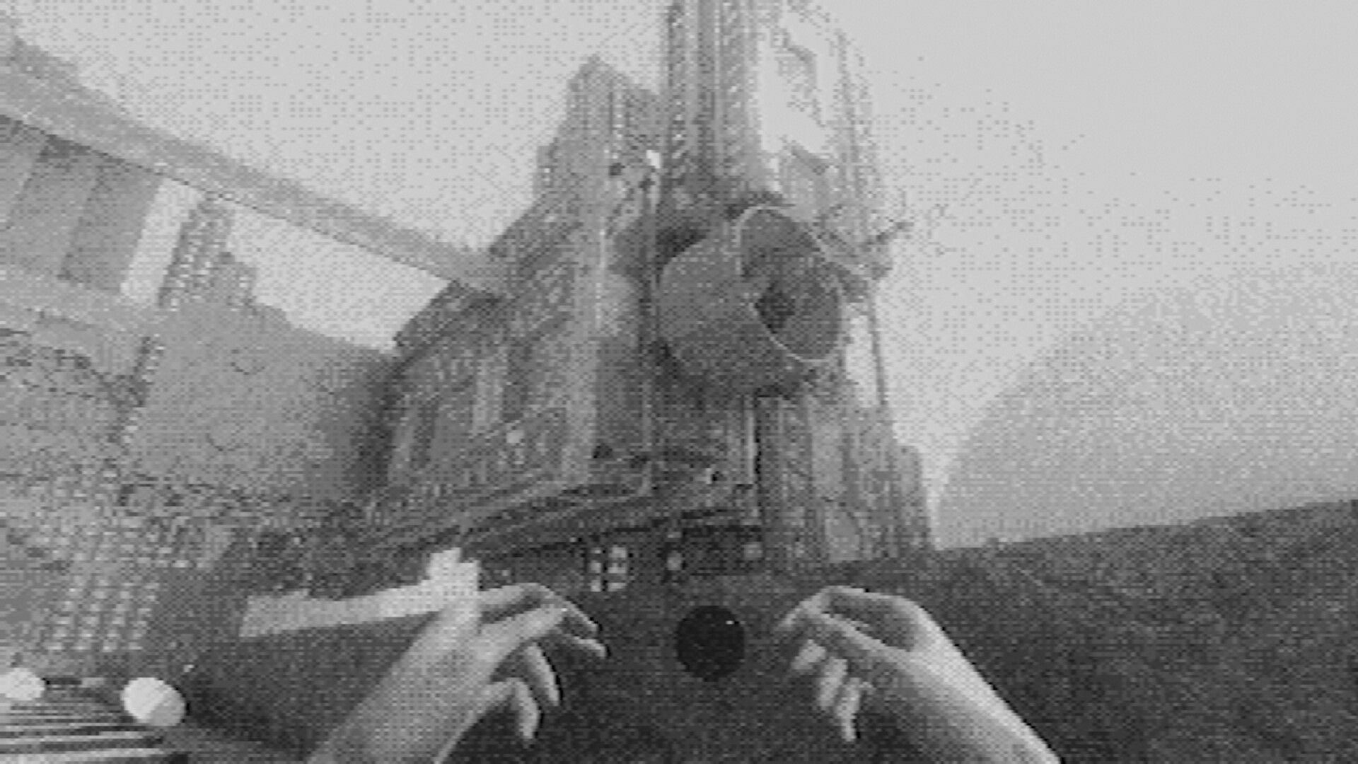 Fallgrade: First-person view with hands raised facing a towering concrete structure in grainy fog.
