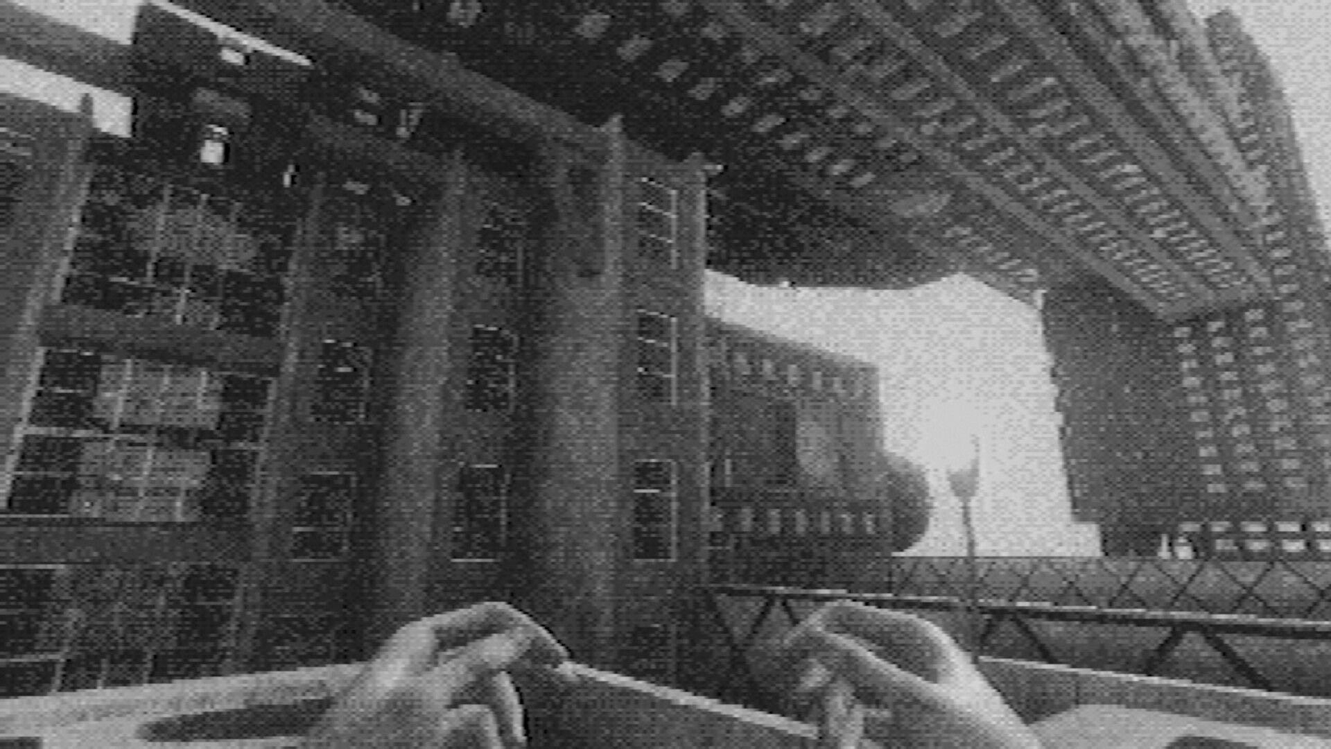 Fallgrade: First-person view of hands on a ledge overlooking warped concrete buildings and skybridge.