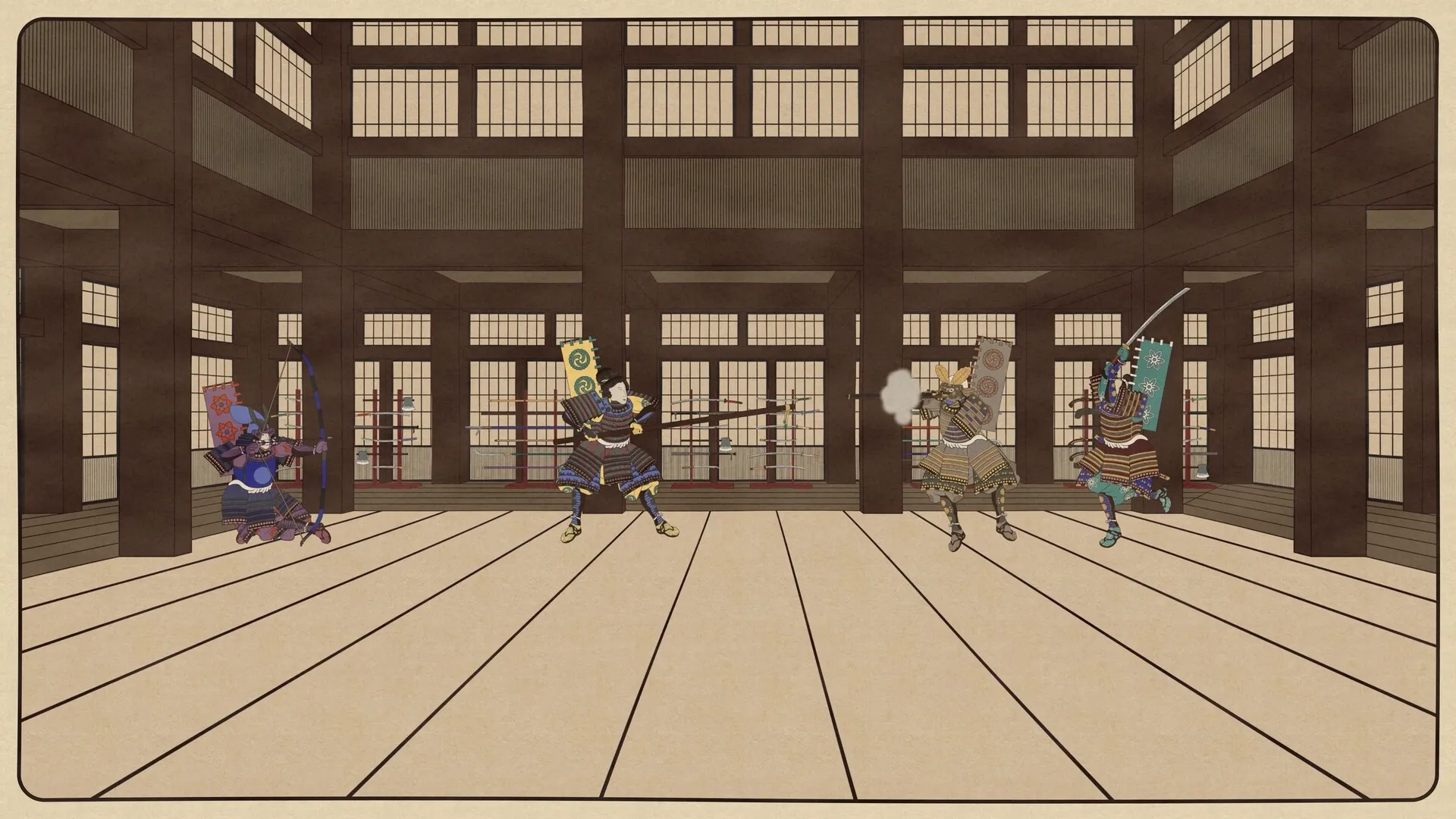 Falling Limbs: Four samurai engage in combat within a traditional wooden dojo setting.