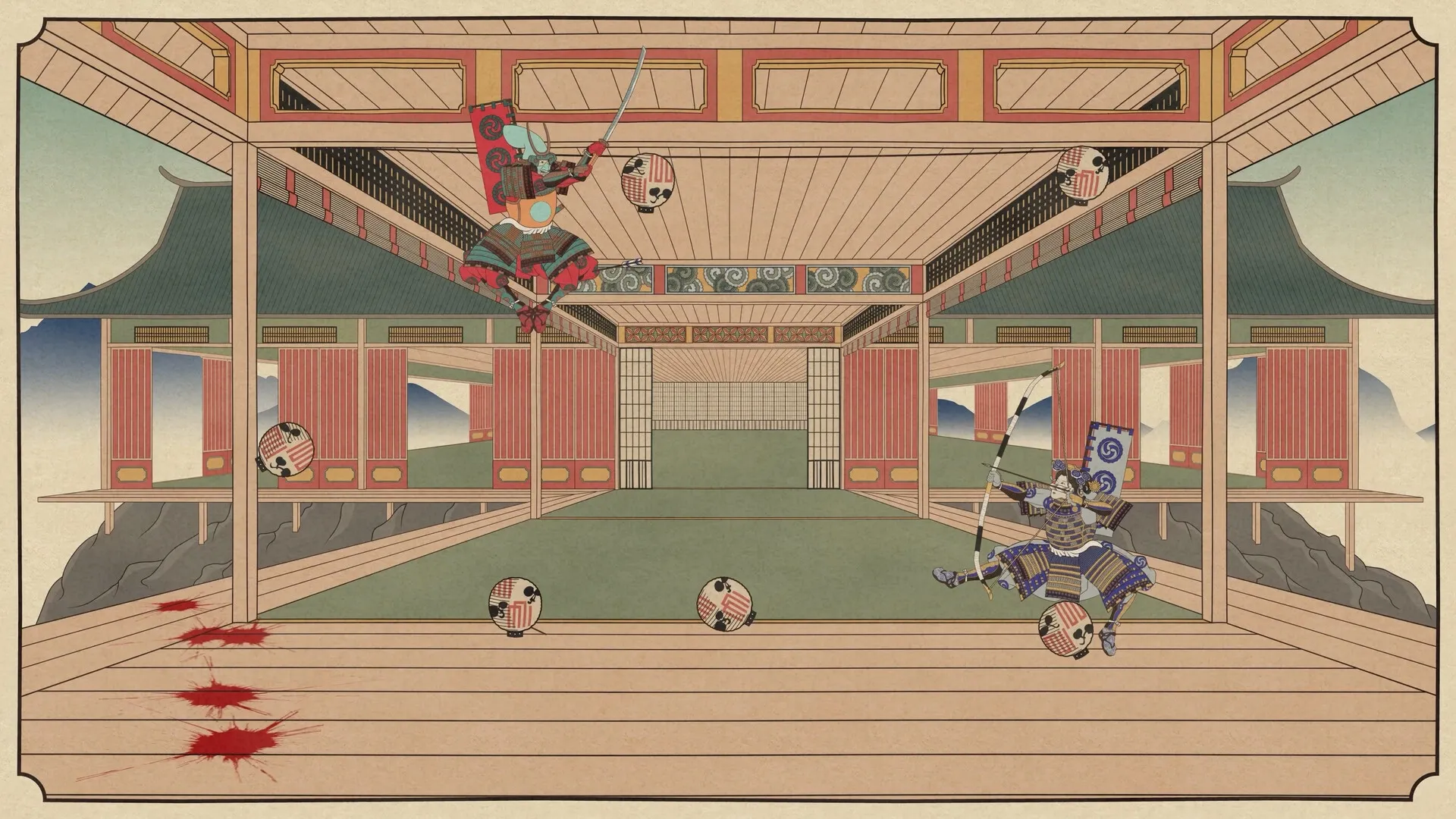 Falling Limbs: Samurai battle in traditional dojo with blood splatters and bouncing Daruma dolls