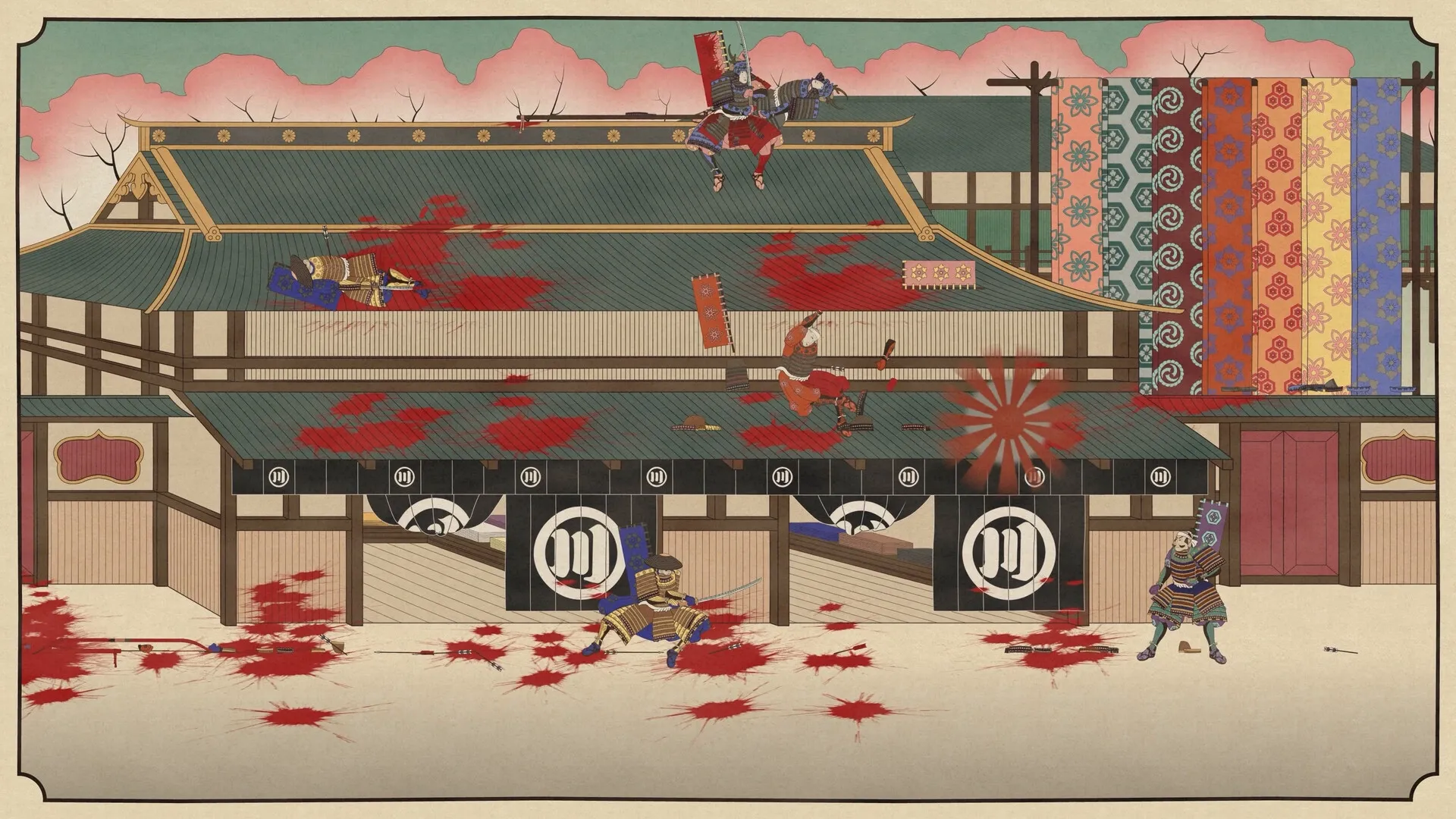 Falling Limbs: Intense rooftop samurai combat with blood splatters in a traditional Japanese village setting.