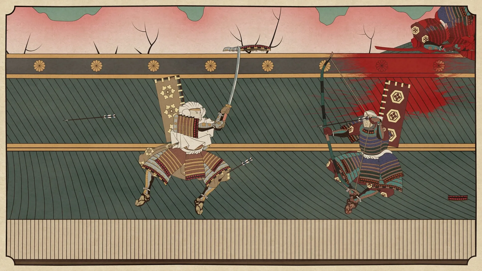 Falling Limbs: Two samurai warriors in combat with swords and arrows in a stylized dojo setting.