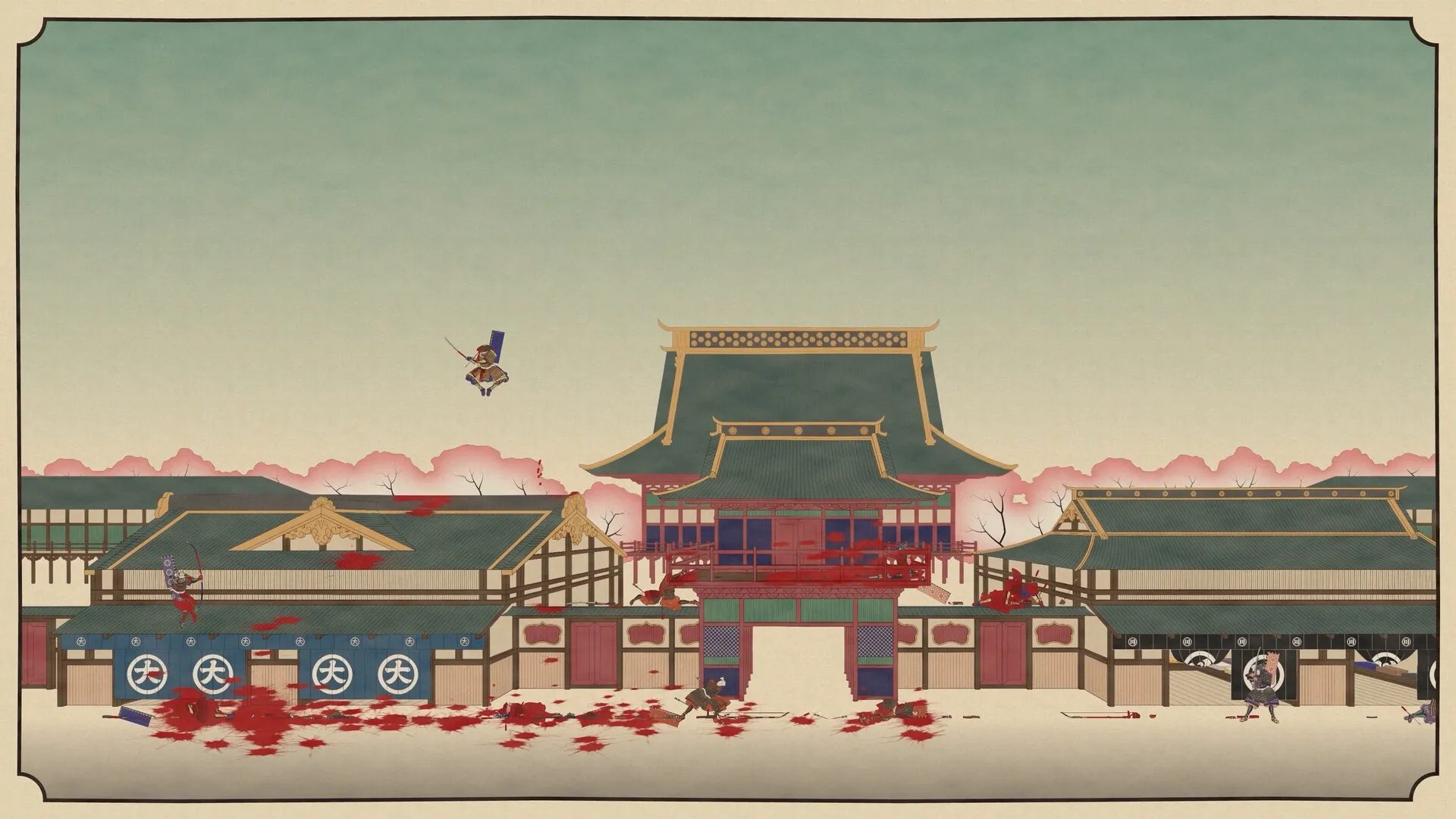 Falling Limbs: Samurai characters engaged in intense rooftop combat within a traditional Japanese village.