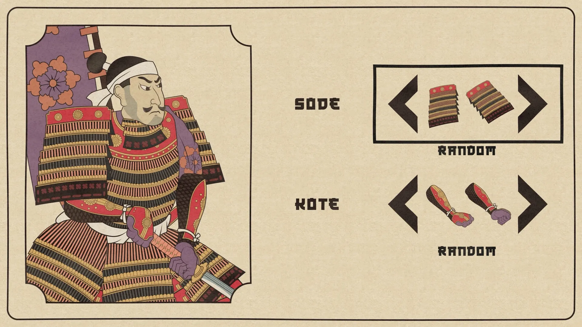 Falling Limbs: Samurai armor customization screen with options for sode and kote on parchment backdrop
