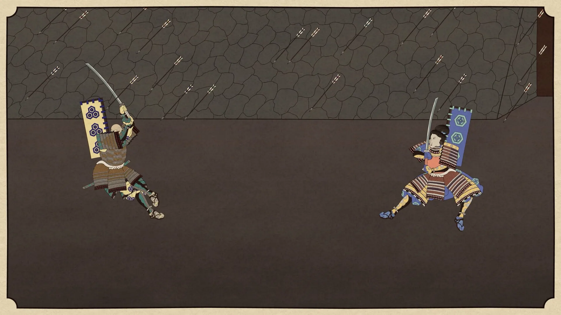 Falling Limbs: Two samurai in mid-air duel with swords drawn, arrows embedded in stone wall background.