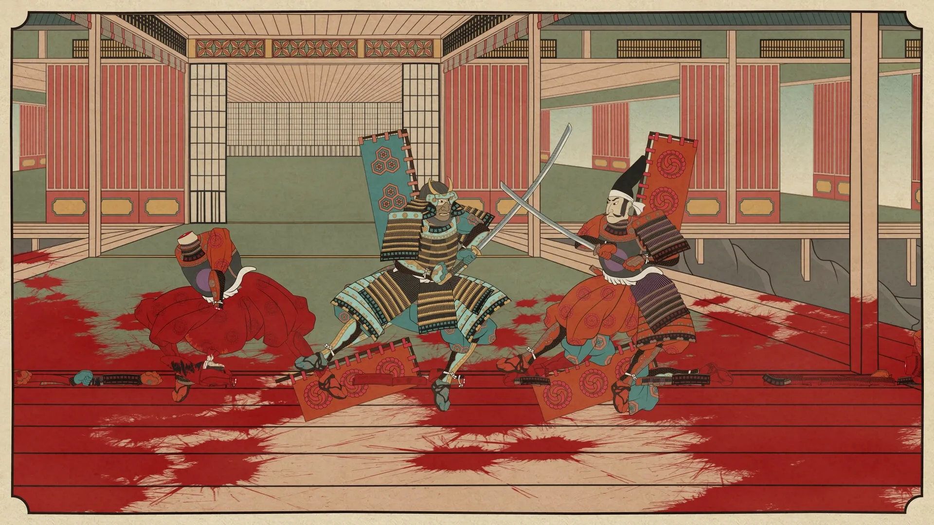 Falling Limbs: Samurai characters in intense sword fight on bloodstained dojo floor with traditional decor