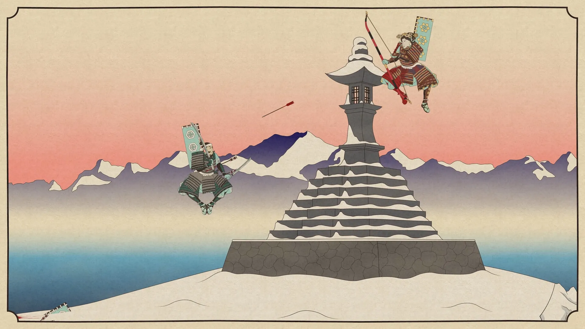 Falling Limbs: Two samurais in mid-air duel on snowy mountain with pagoda and sunset backdrop