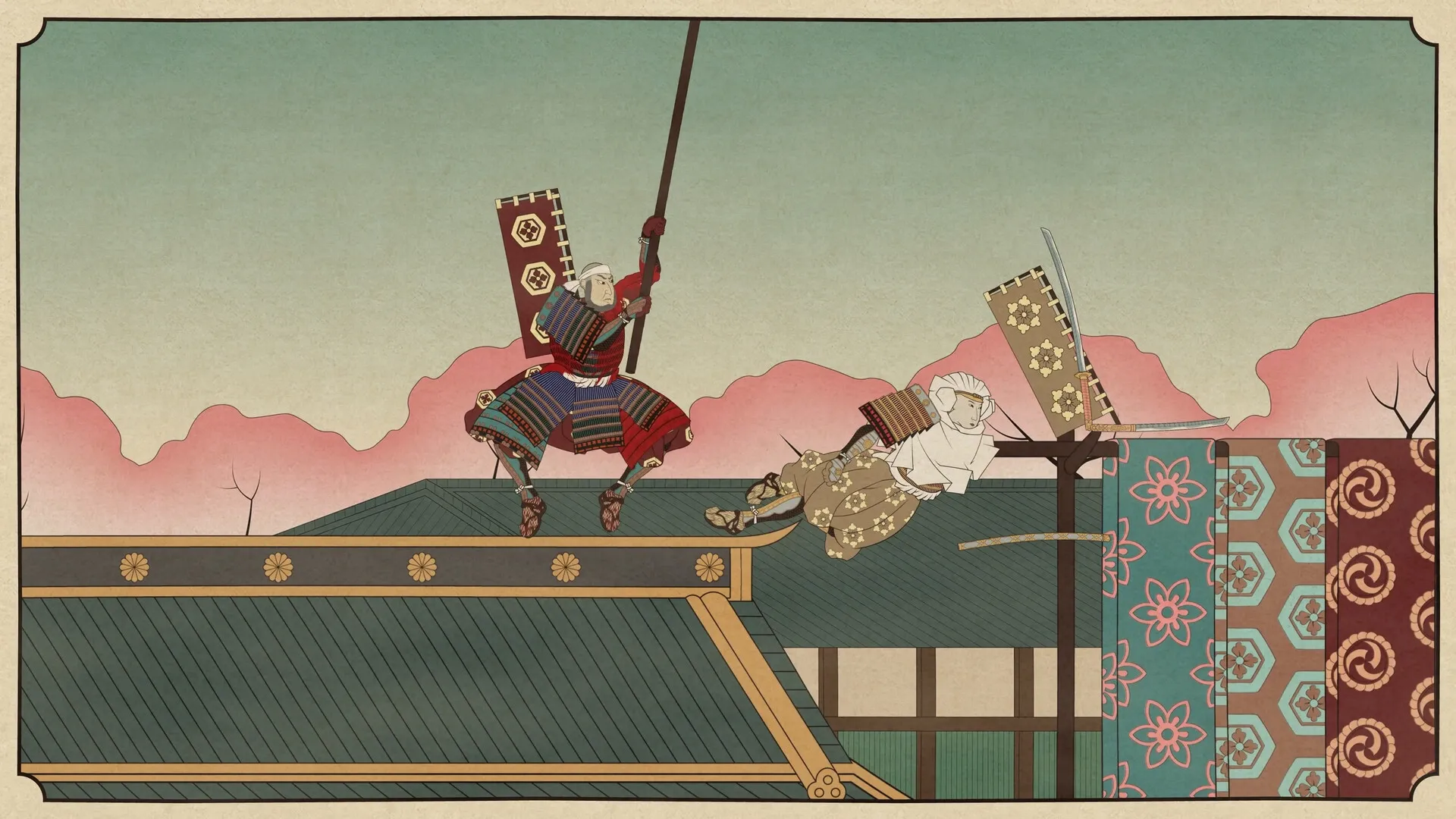 Falling Limbs: Samurai combat on colorful rooftops with cherry blossom trees in the background