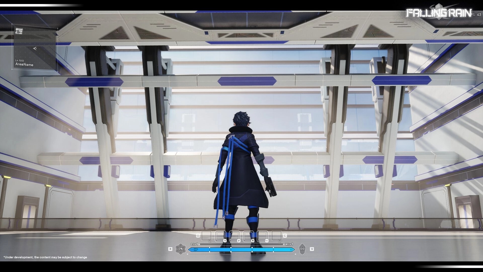 Falling Rain: Player character stands in a sleek sci-fi hall, HUD hotbar and HP bar visible below.