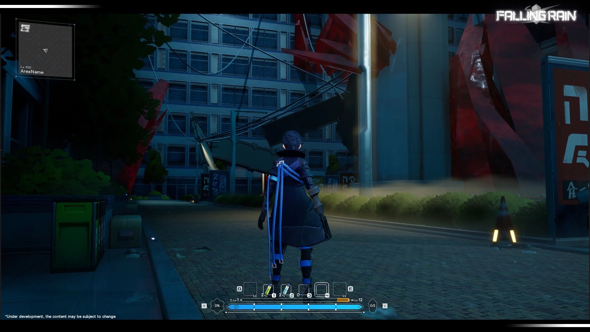 Falling Rain: Player character faces ruined city building with cables, HUD minimap and hotbar visible.