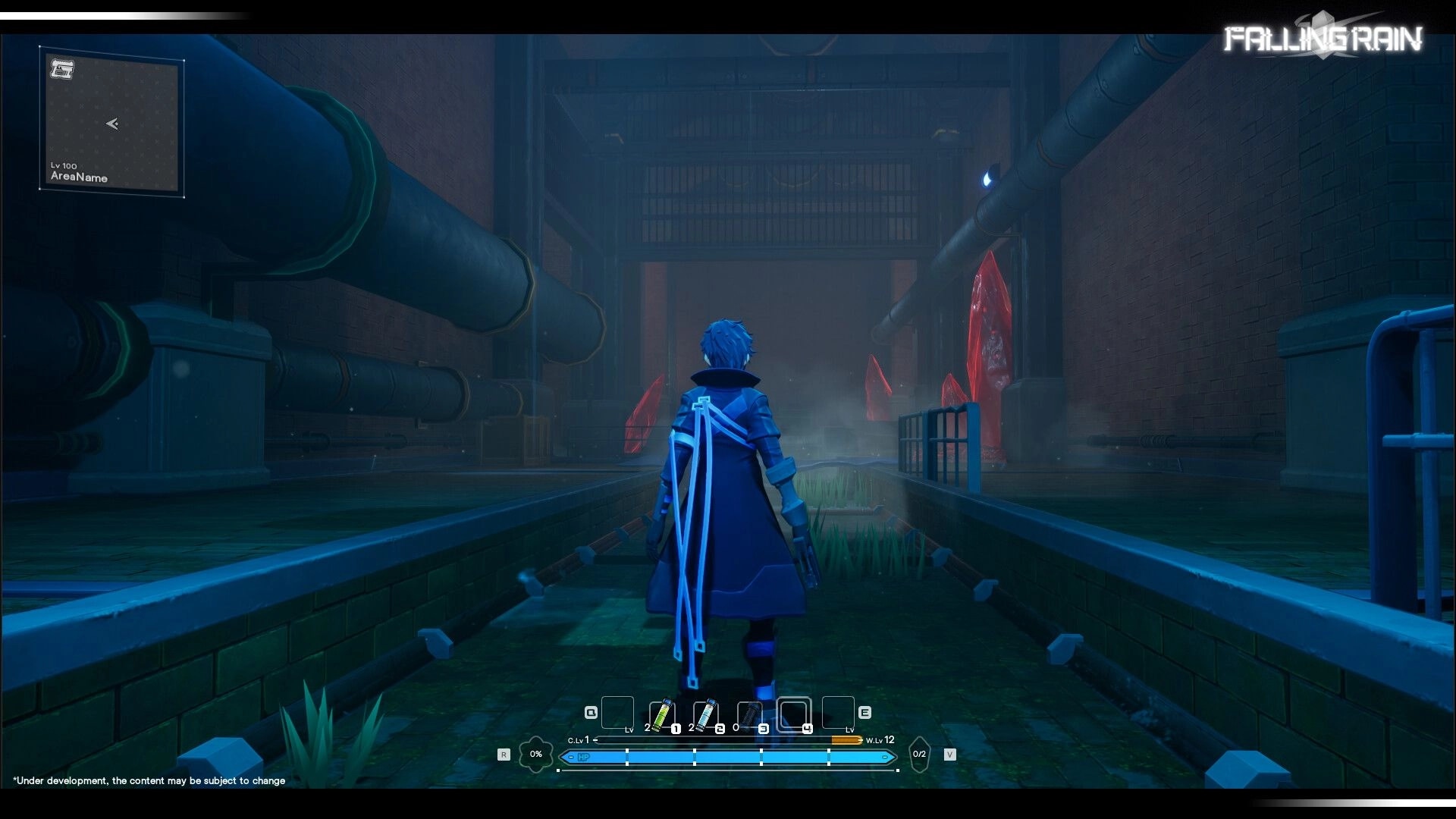Falling Rain: Blue-haired hero explores a foggy sewer corridor with pipes, red crystals, and HUD bars.