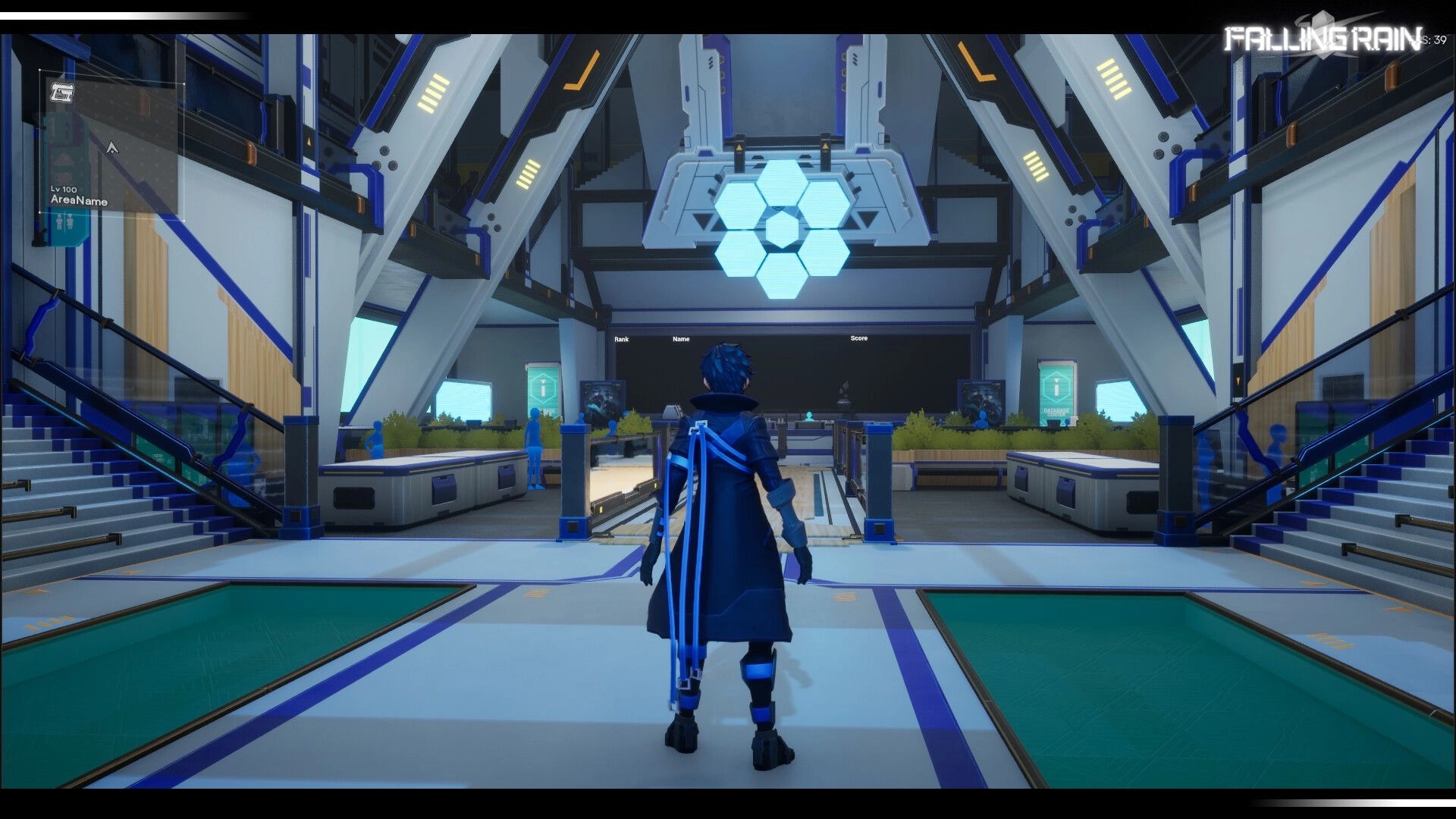 Falling Rain: Player character stands in a futuristic lobby hub with rank scoreboard and NPC silhouettes.